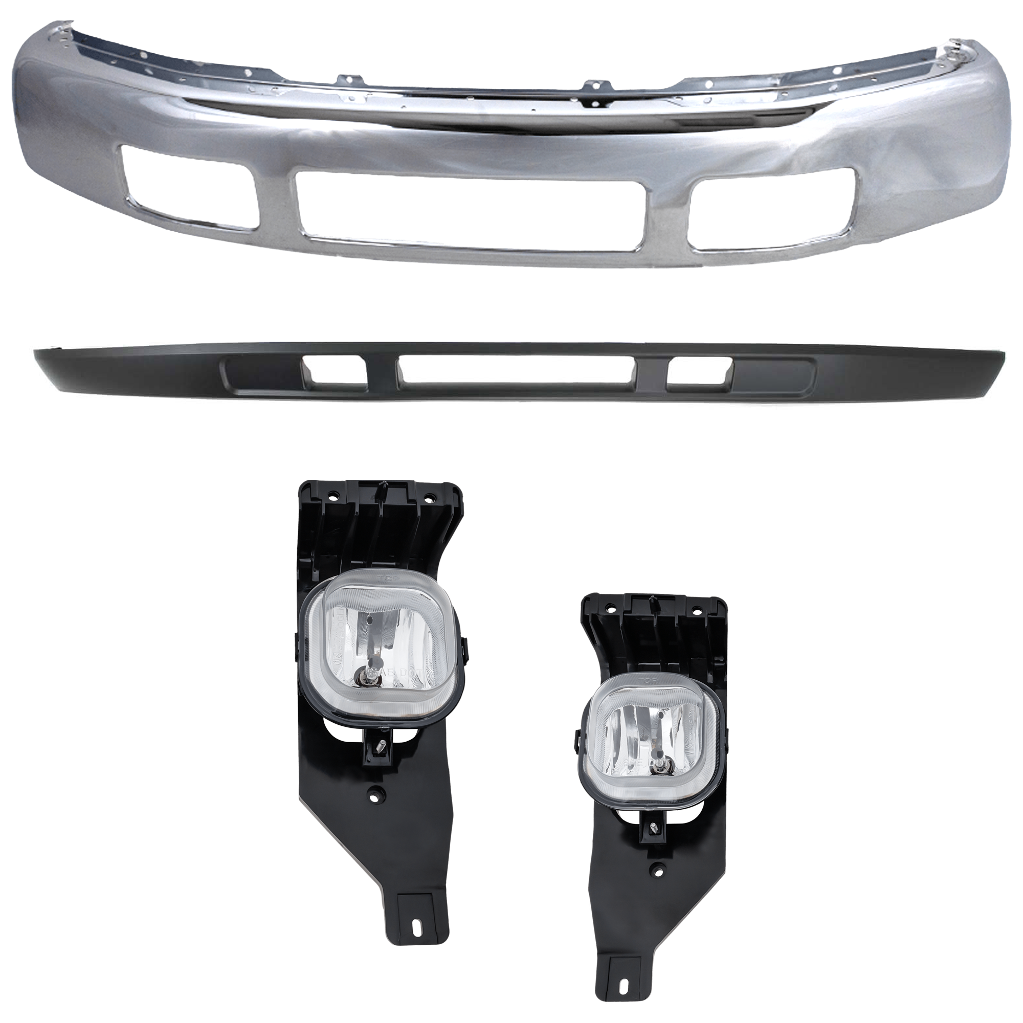 AM F 250 F 350 SUPER DUTY 05-07 FRONT BUMPER 3 pc kit Chrome with Fog Light and Valance SKU KIT 071824 C677 Partslink FO1002392 FO2593211 FO2592211 FO1095219 OEM 5C3Z17757BA 6C3Z15200AA 6C3Z15