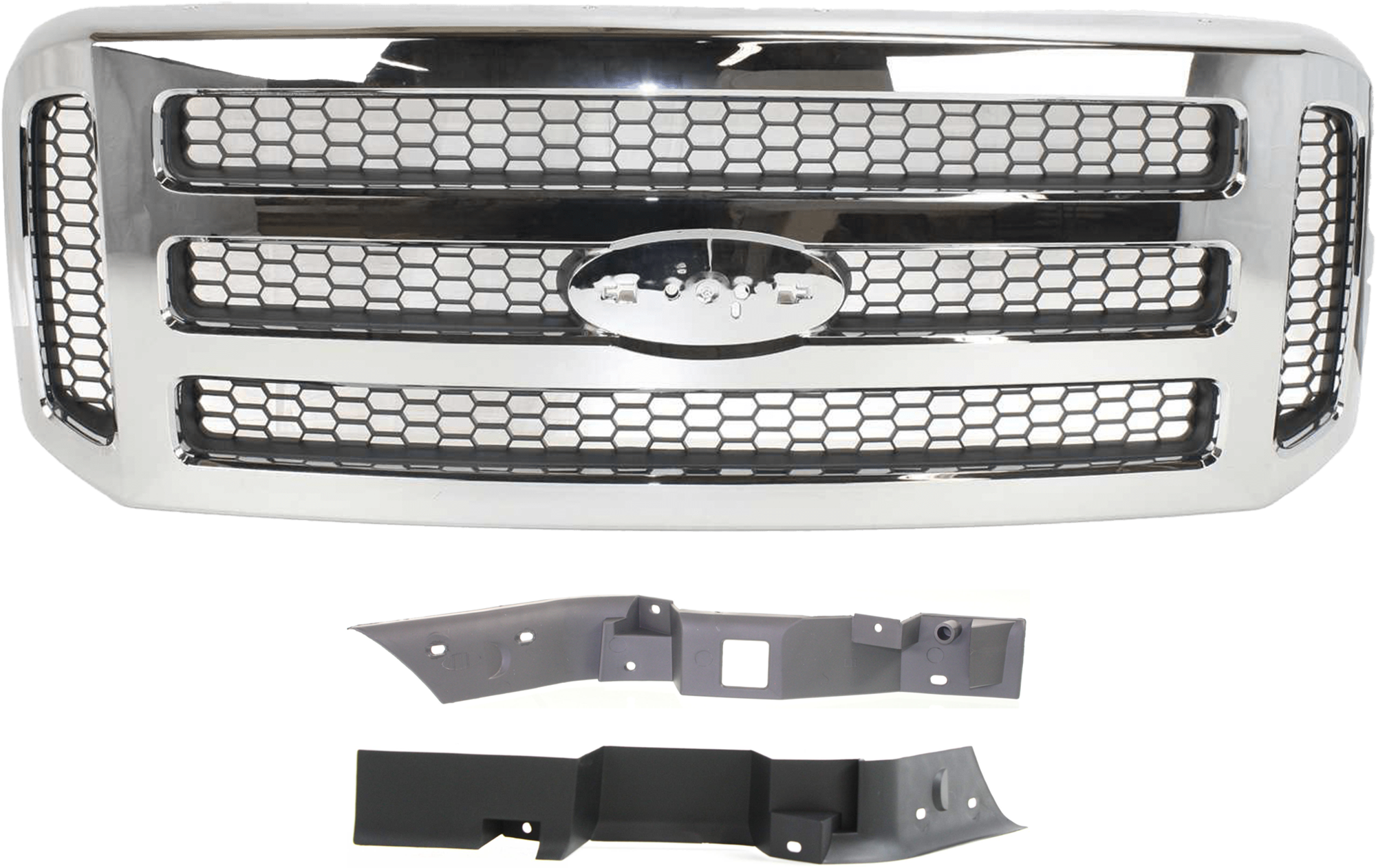 AM F SERIES SUPER DUTY 05-07 GRILLE 3 pc Kit Chrome Shell Painted Gray Insert with Bumper Trim SKU KIT 071824 C681 Partslink FO1200456 FO1089119 FO1088119 OEM 6C3Z8200BC 5C3Z8200BAA F81Z17A