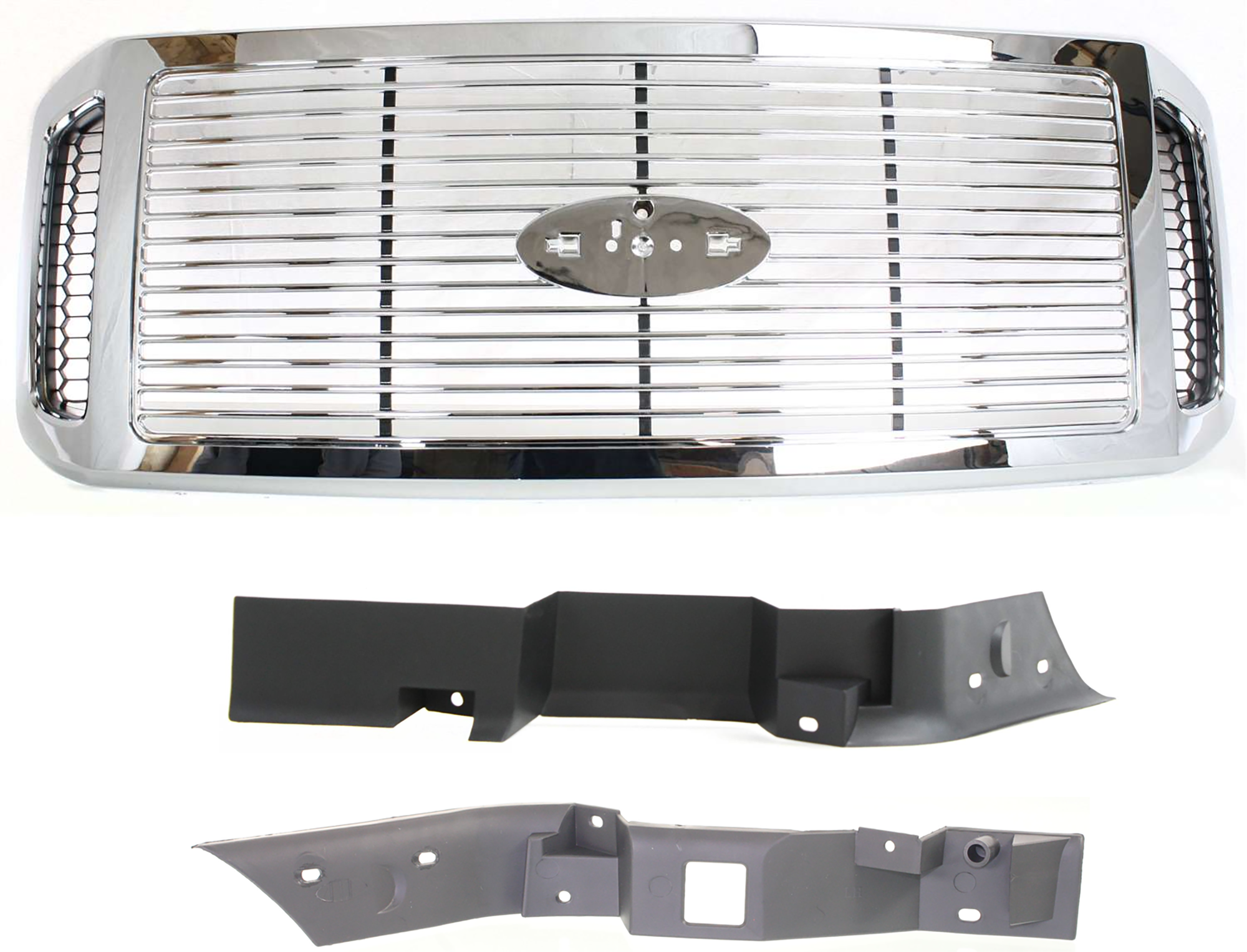 AM F 250 F 350 SUPER DUTY 06-07 GRILLE 3 pc Kit Horizontal Bar Insert Honeycomb Side Insert Chrome Shell and Insert with Bumper Trim SKU KIT 071824 C682 Partslink FO1200459 FO1089119 FO1088119 OEM 6C3Z8200AAA F81Z17A861AA F81Z1