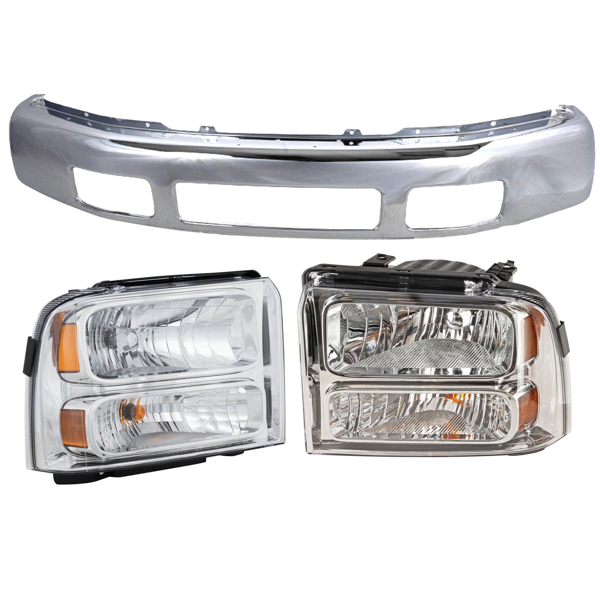 AM F 250 F 350 SUPER DUTY 05-07 FRONT BUMPER 3 pc kit Chrome with Headlight SKU KIT 071824 C683 Partslink FO1002392 FO2503217 FO2502217 OEM 5C3Z17757BA 6C3Z13008AB 6C3Z13