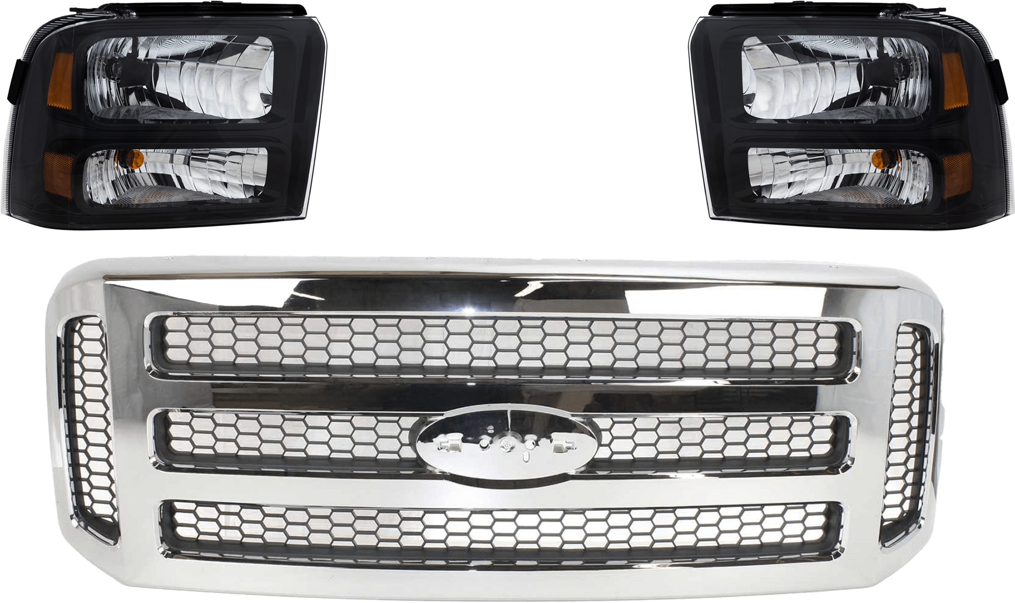 AM F 250 F 350 SUPER DUTY 05-07 GRILLE 3 pc Kit Chrome Shell Painted Gray Insert with Headlight SKU KIT 071824 C684 Partslink FO1200456 FO2502224 FO2503224 OEM 6C3Z8200BC 5C3Z8200BAA 6C3Z130