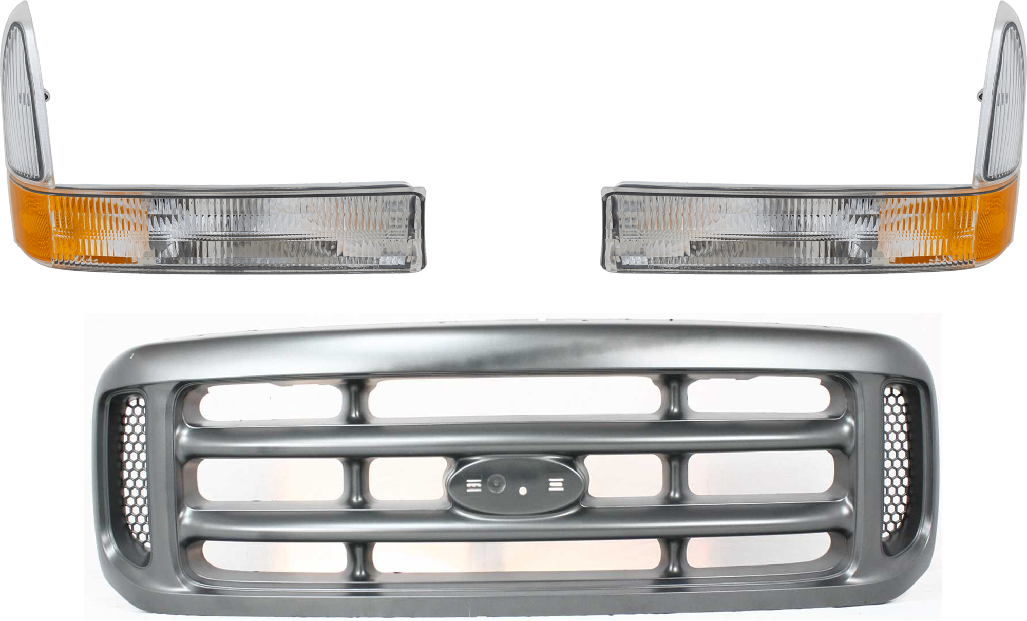AM F SERIES SUPER DUTY 99-04 GRILLE 3 pc Kit w Corner Light SKU KIT 071824 C693 Partslink FO1200362 FO2520169 FO2521169 OEM YC3Z8200AAA 2C3Z13201AA 2C3Z13