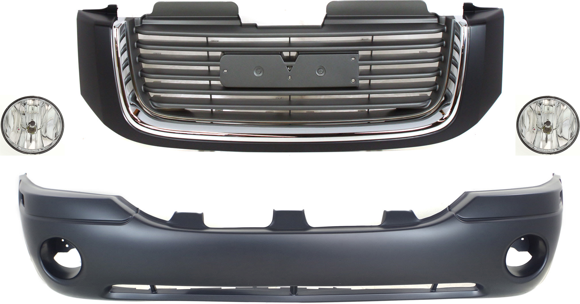 AM ENVOY 02-09 ENVOY XL 02-06 GRILLE 4 pc Kit Painted Black Shell Painted Gray Insert Horizontal Bar Insert with Bumper Cover and Fog Light SKU KIT 071824 C702 Partslink GM1000641 GM1200465 OEM 10358134-15269042-88937036