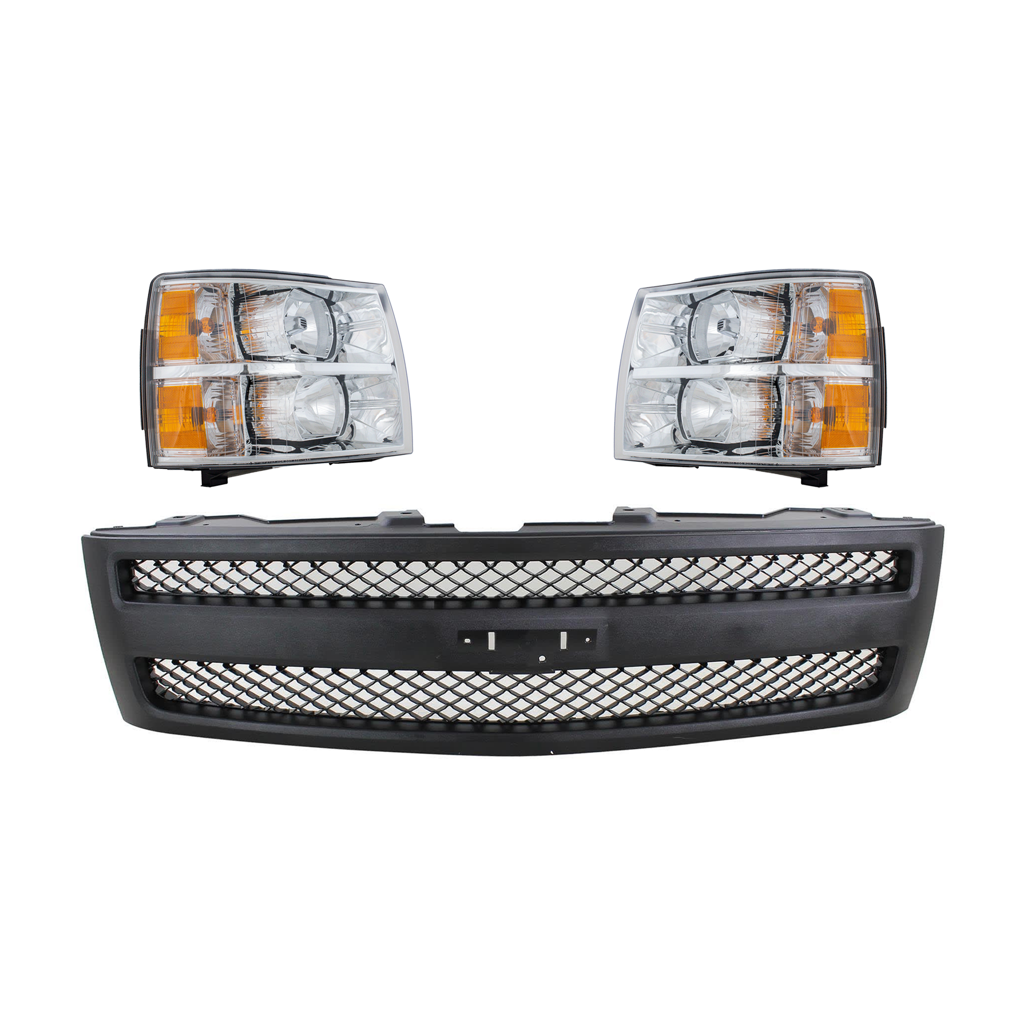 AM SILVERADO 1500-07-13 HEAD LAMP RH AND LH 3 pc kit Assembly Halogen with Grille Assembly SKU KIT 071824 C707 Partslink GM2502280 GM2503280 GM1200578 OEM 22853027-22853028-25810706-228