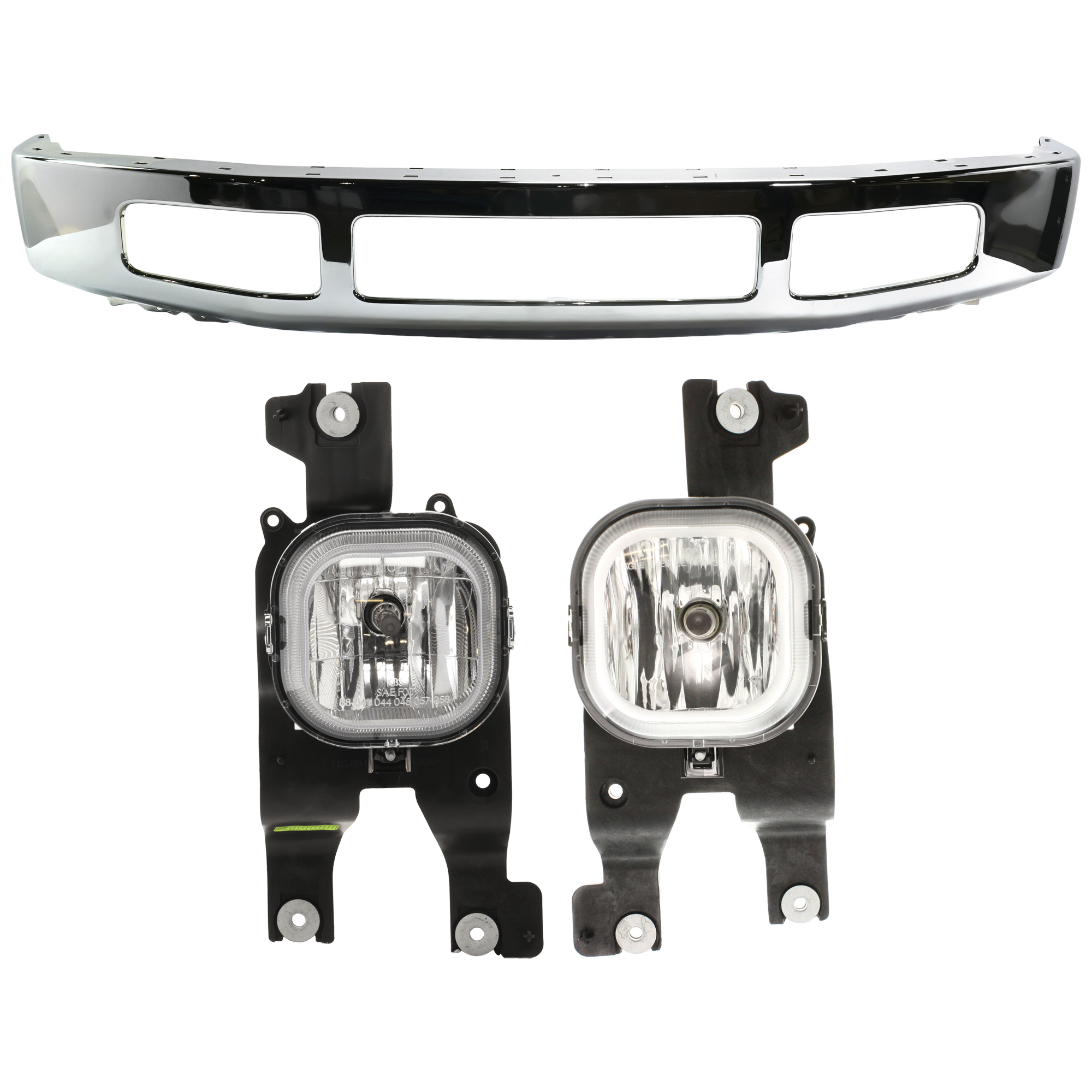 AM F 250 F 350 SUPER DUTY 08-10 FRONT BUMPER 3 pc kit Chrome Steel with Fog Light SKU KIT 071824 C708 Partslink FO1002406 OEM 8C3Z17757B 7C3Z15201AA PFM 7C3