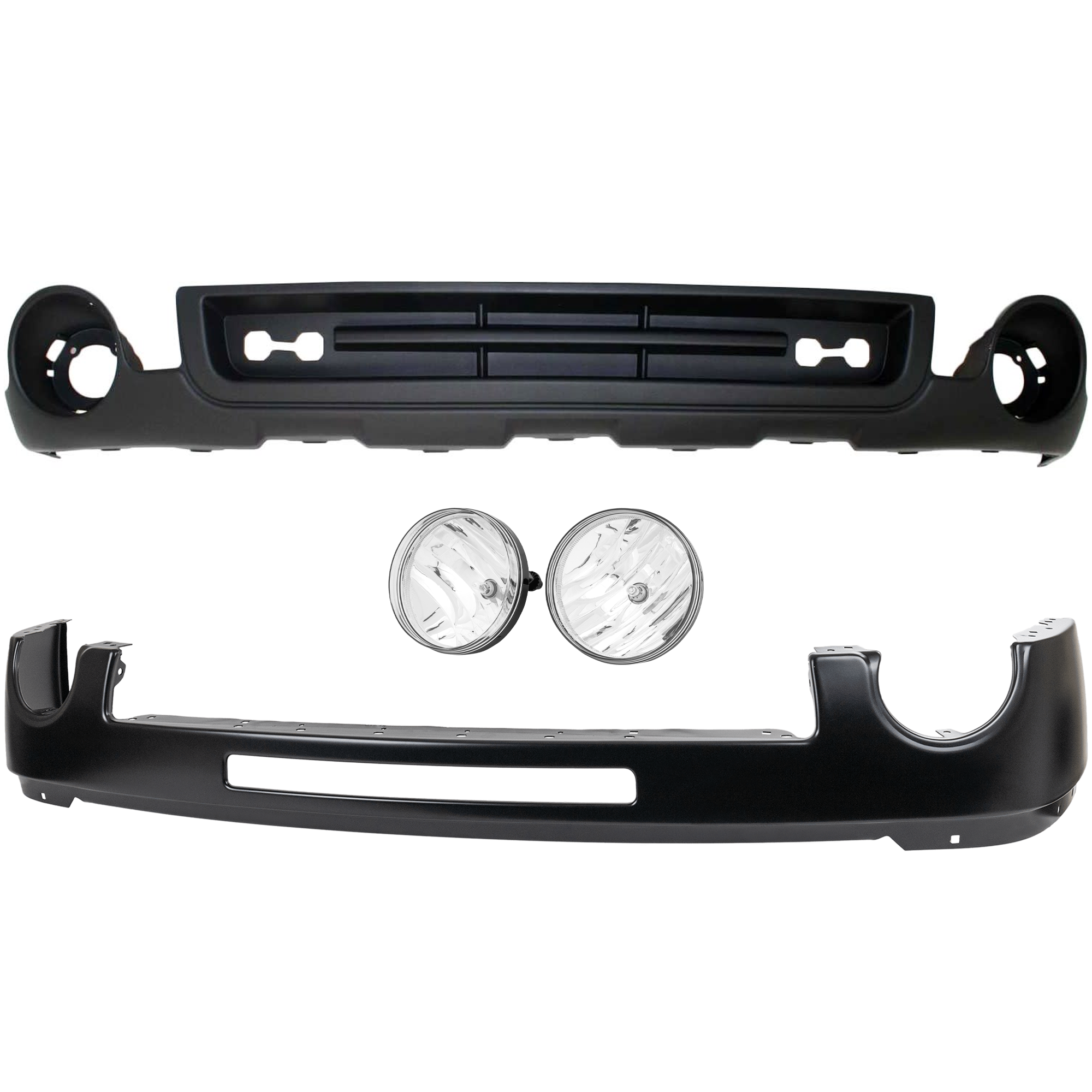 AM SIERRA 1500-11-13 FRONT BUMPER 3 pc kit Powdercoated Black w Air Hole with Fog Light and Valance SKU KIT 071824 C710 Partslink GM1002832 GM2593161 GM2592161 GM1015100 OEM 15901510-25866496-25866495-151