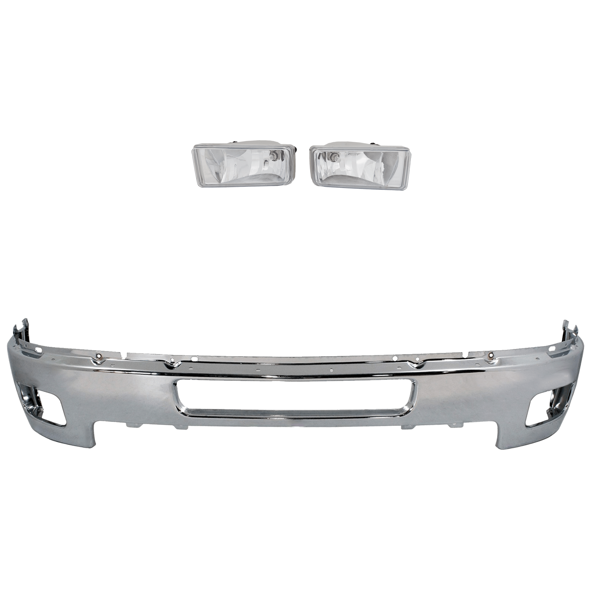 AM SILVERADO 2500 HD 3500 HD 11-14 FRONT BUMPER 2 pc kit Impact Bar Chrome with Fog Light SKU KIT 071824 C717 Partslink GM1002837 GM2593160 GM2592160 OEM 25883349-22872763-22872762