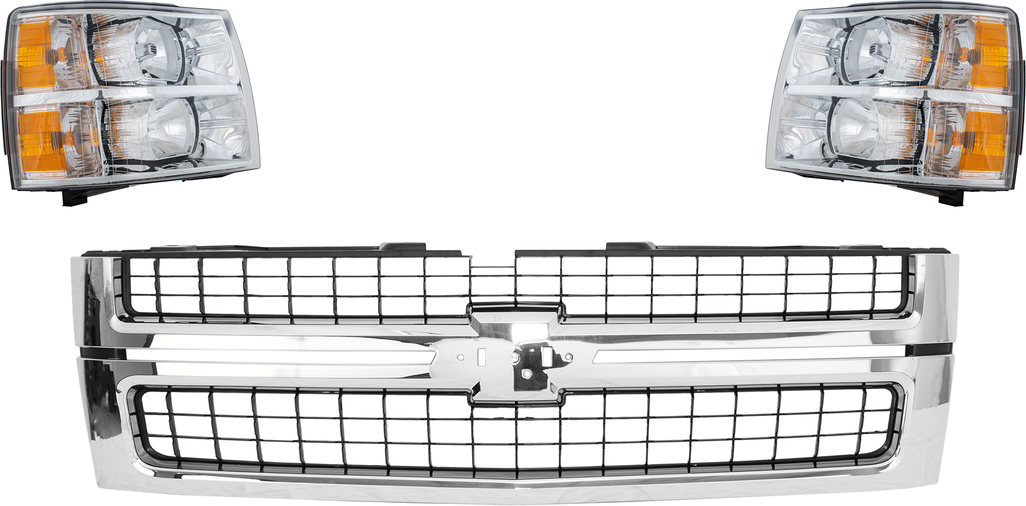 AM SILVERADO 2500 HD 3500 HD 07-10 GRILLE 3 pc Kit Plastic Chrome Shell Black Insert with Headlight SKU KIT 071824 C718 Partslink GM1200608 GM2503280 GM2502280 OEM 25825521-22853028-22853027