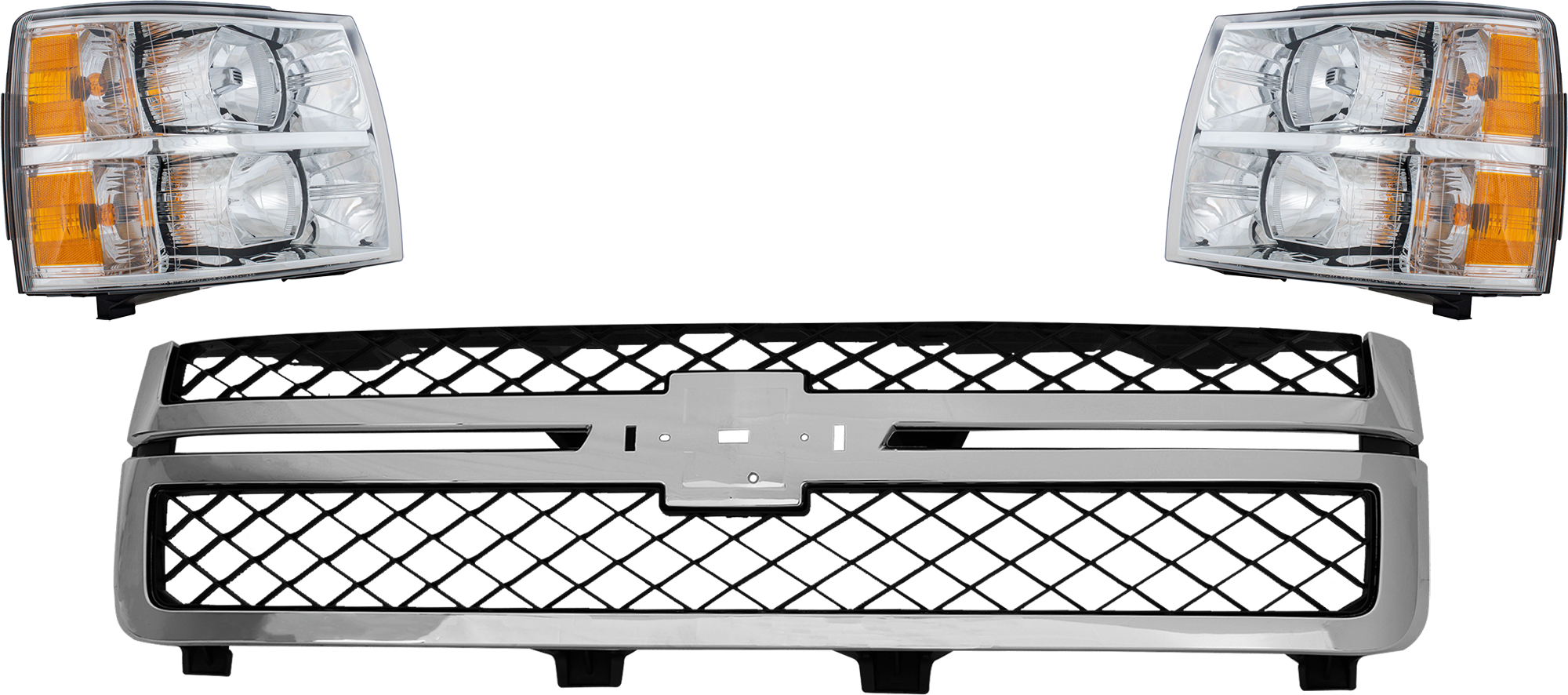 AM SILVERADO 2500 HD 3500 HD 11-14 GRILLE 3 pc Kit Plastic Chrome Shell Painted Black Insert with Headlight SKU KIT 071824 C722 Partslink GM1200639 GM2502280 GM2503280 OEM 20966058-22853027-22853028