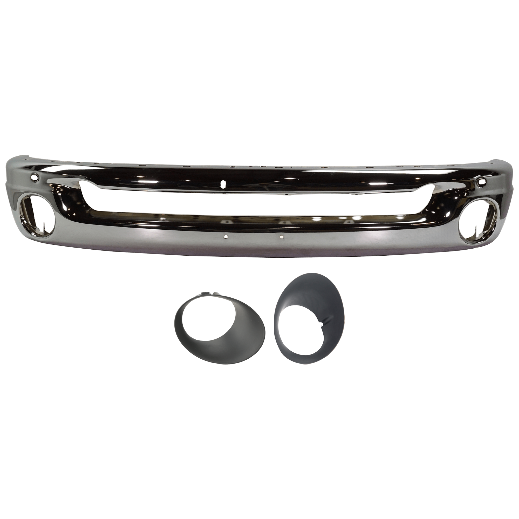 AM DODGE RAM FULL SIZE PICKUP 02-09 FRONT BUMPER 3 pc kit Face Bar Steel Chrome with Fog Light Trim SKU KIT 071824 C723 Partslink CH1002383 CH2598101 CH2599101 OEM 55077946AB 55077239AD 55077239