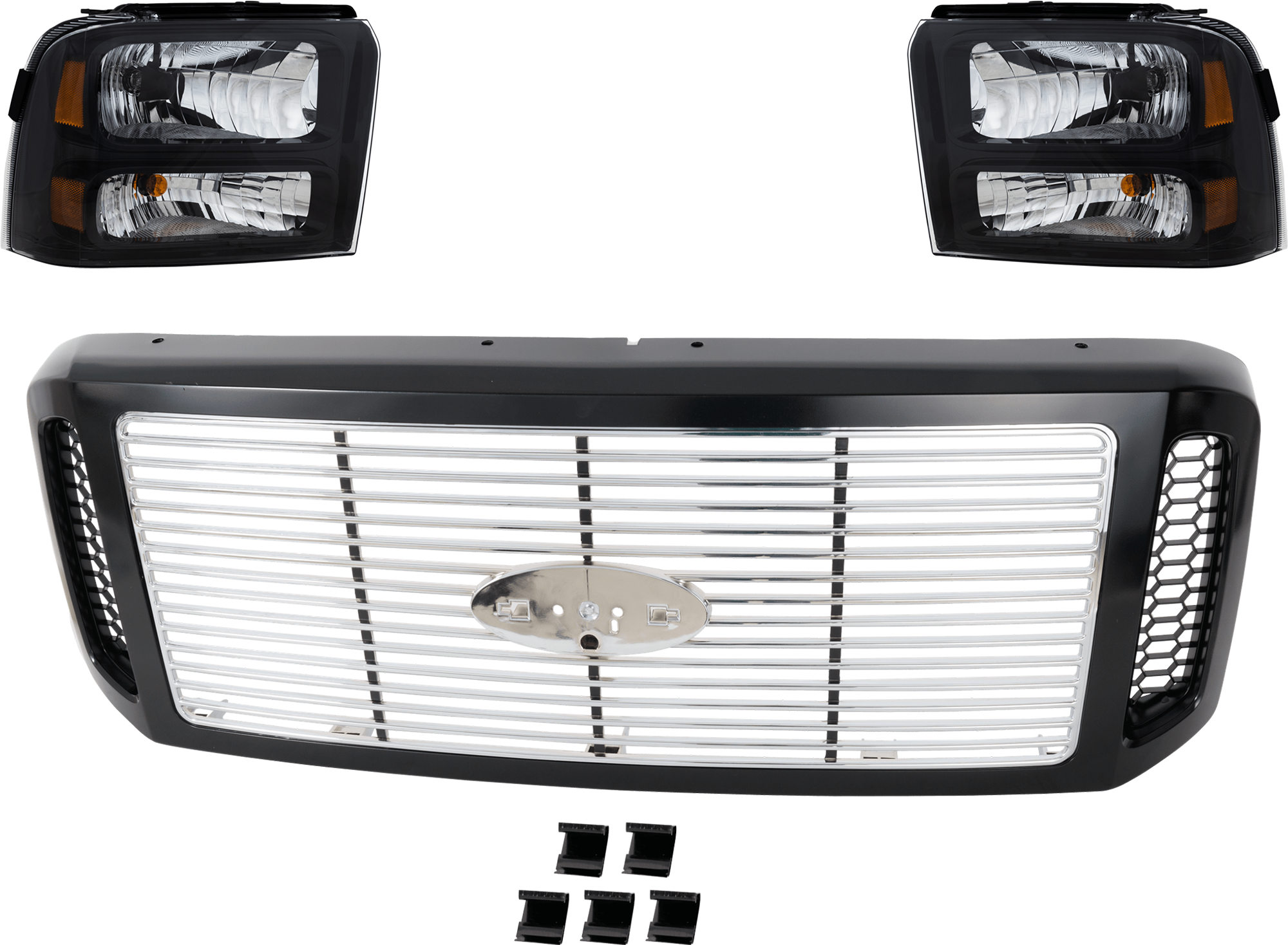 AM F 250 F 350 SUPER DUTY 05-07 GRILLE 3 pc Kit Painted Black Shell Chrome Insert w Headlight SKU KIT 071824 C731 Partslink FO1200458 FO2502224 FO2503224 OEM 6C3Z8200DH 6C3Z13008DB 6C3Z130
