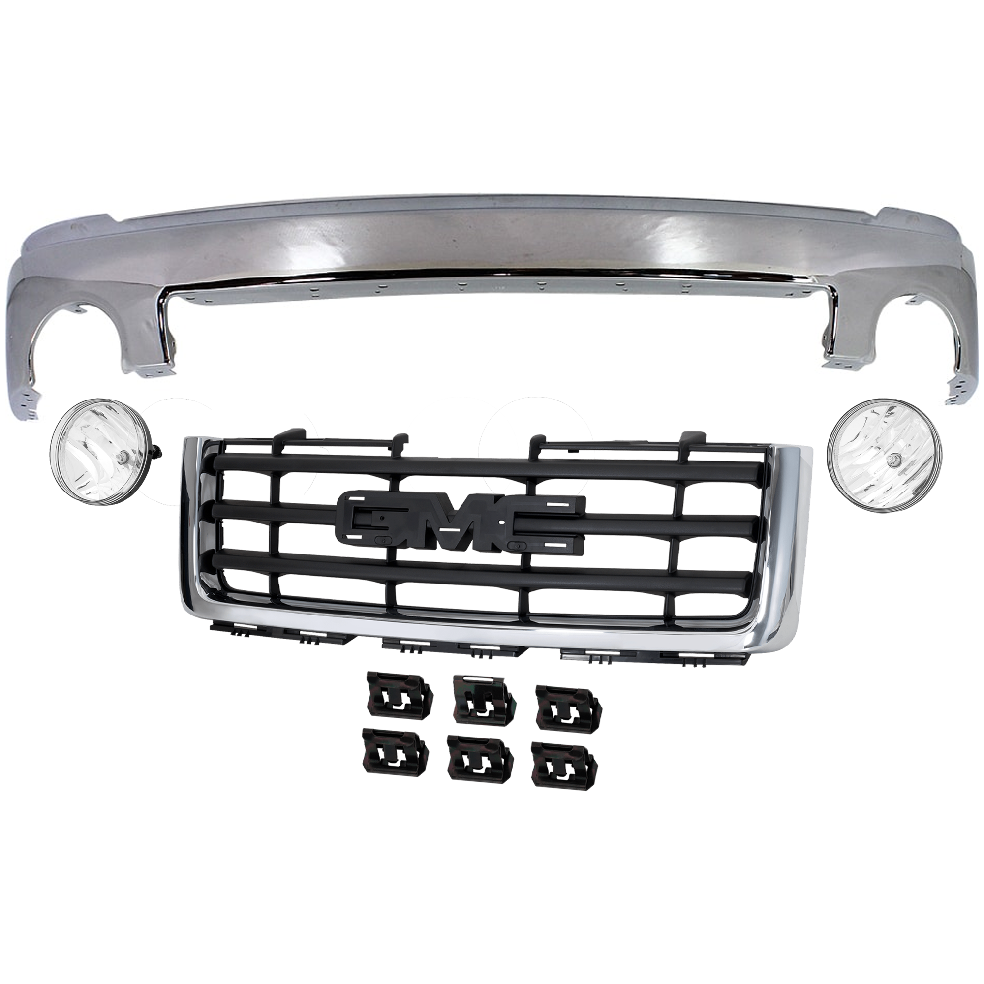 AM SIERRA 1500-07-13 FRONT BUMPER 4 pc kit w Fog Light and Grille Assembly SKU KIT 071824 C736 Partslink GM1002833 GM2593161 GM2592161 GM1200573 OEM 15901505-25866496-25866495-227