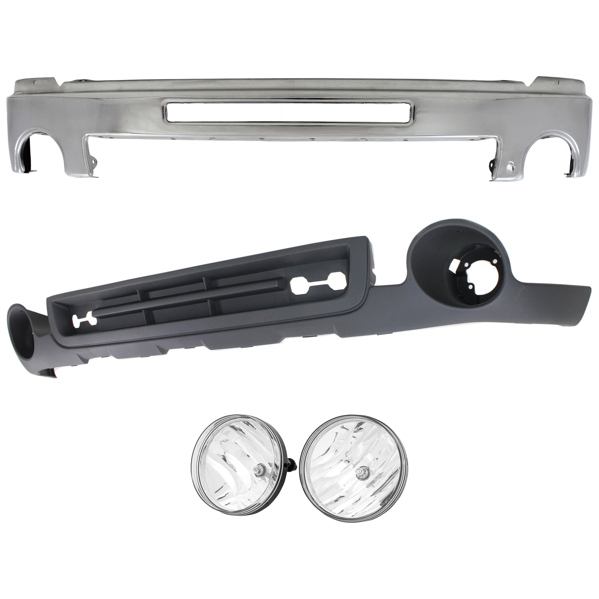 AM SIERRA 2500 HD 3500 HD 07-10 FRONT BUMPER 4 pc kit Chrome w Air Hole with Fog Light and Valance SKU KIT 071824 C738 Partslink GM1002834 GM2593161 GM2592161 GM1092218 OEM 15902856-25866496-25866495-159