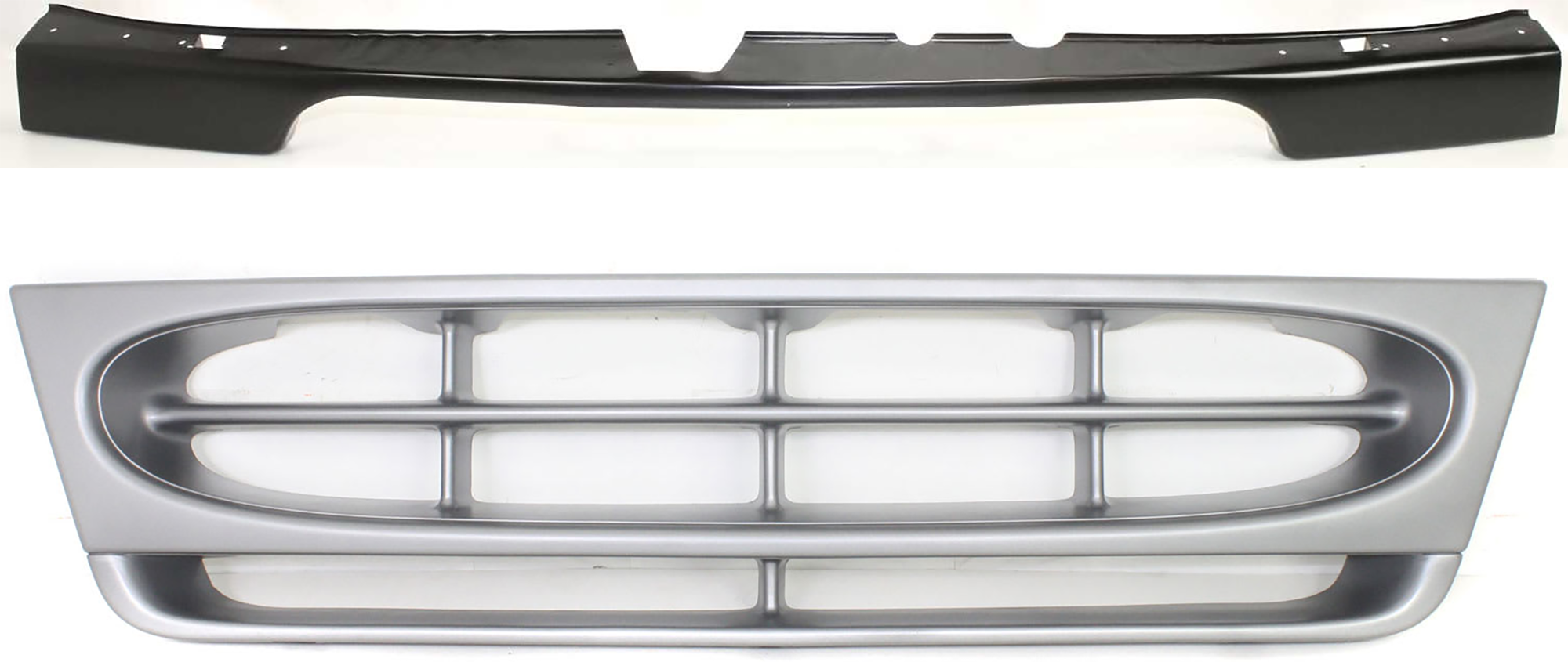 AM ECONLINE VAN 97-03 GRILLE 2 pc Kit Plastic Painted Silver Shell and Insert with Bumper Filler SKU KIT 071824 C766 Partslink FO1200338 FO1092175 OEM F8UZ8200BAA 1C2Z17779AA