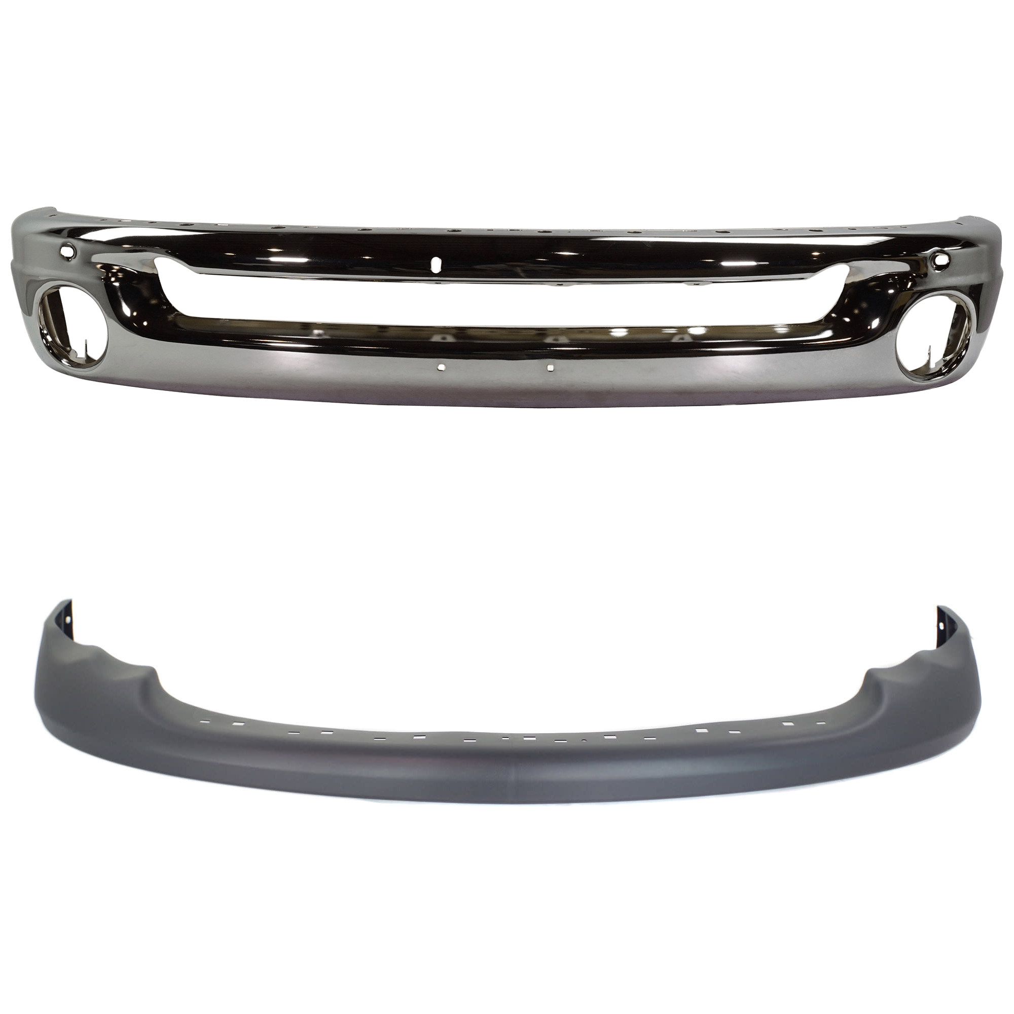 AM DODGE FULL SIZE PICKUP 02-05 FRONT BUMPER 2 pc kit Face Bar Steel Chrome with Valance SKU KIT 071824 C788 Partslink CH1002383 CH1000411 OEM 55077946AB 55077355AC 55077355