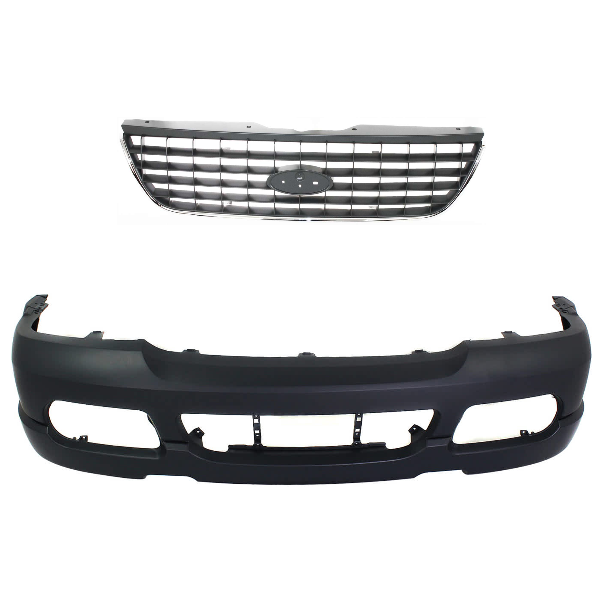 AM EXPLORER 02-05 FRONT BUMPER COVER 2 pc kit Primed with Grille Assembly SKU KIT 071824 C819 Partslink FO1000496 FO1200396 OEM 2L2Z17D957SAPTM 1L2Z8200AAB 1L