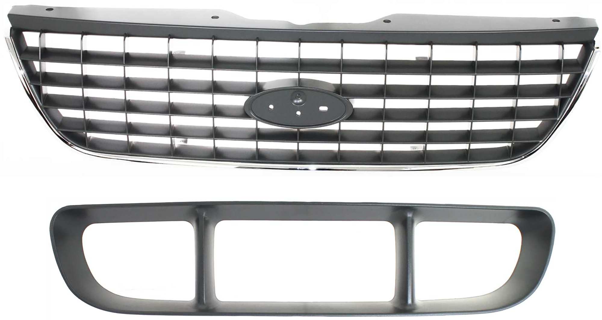 AM EXPLORER 02-05 GRILLE 2 pc Kit Gray Shell and Insert w Chrome Molding with Bumper Grille SKU KIT 071824 C820 Partslink FO1200396 FO1036107 OEM 1L2Z8200AAB 1L2Z8200AAA 1L2Z82