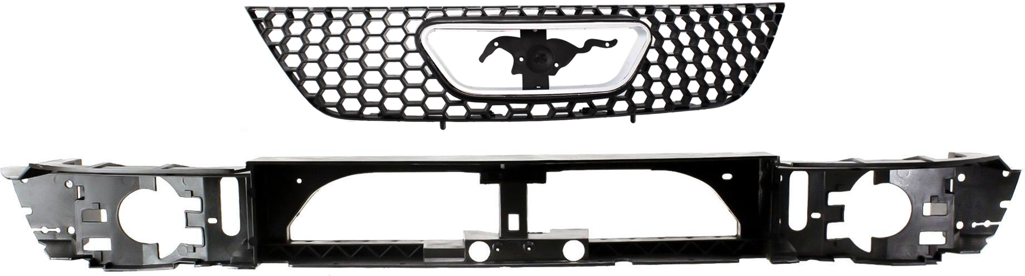 AM MUSTANG 99-04 GRILLE 2 pc Kit Textured Black Shell and Insert with Header Panel SKU KIT 071824 C828 Partslink FO1200357 FO1221119 OEM XR3Z8200AA 3R3Z8A284AA