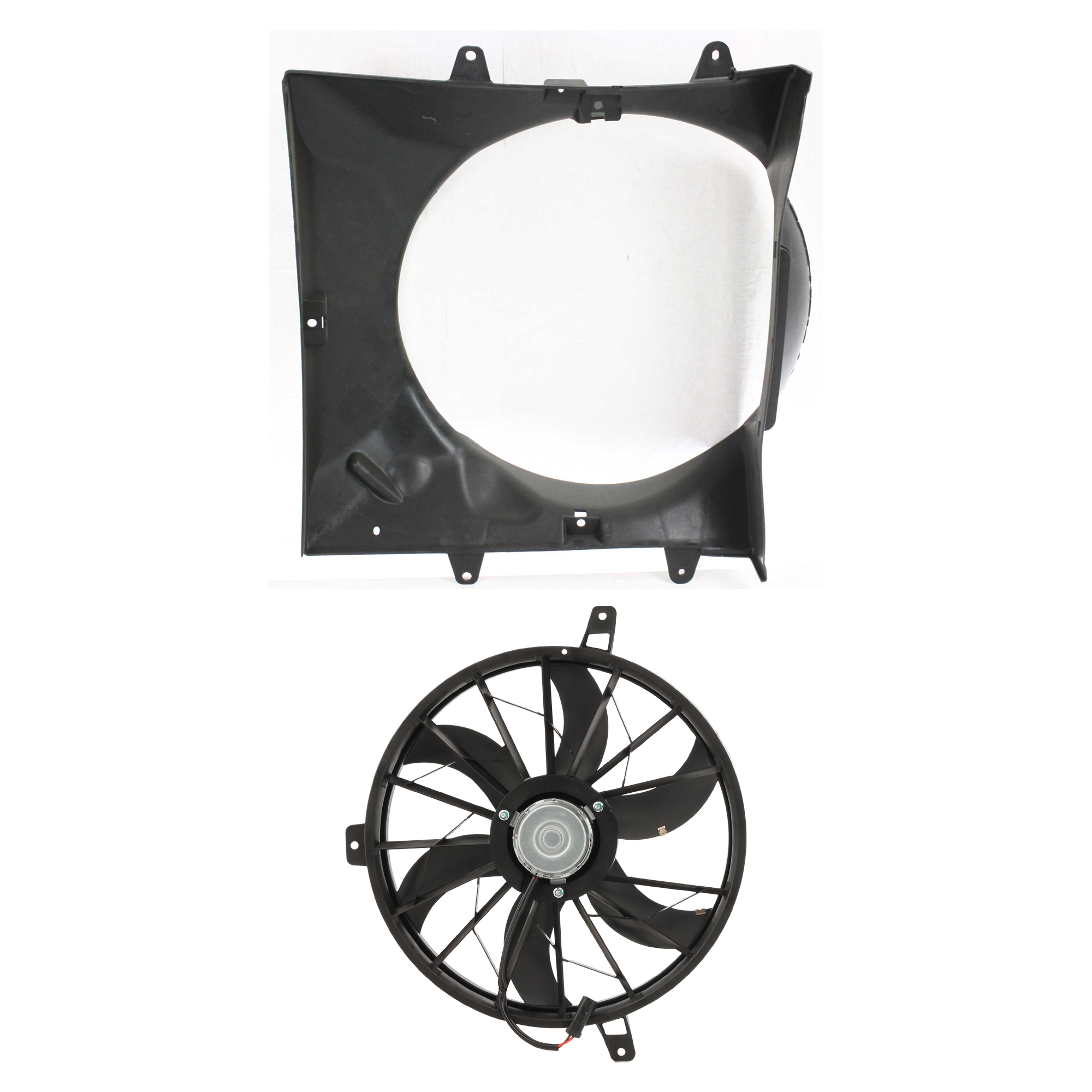 AM GRAND CHEROKEE 99-04 RADIATOR FAN SHROUD 2 pc kit w Cooling Fan Assembly SKU KIT 071824 C846 Partslink CH3110111 CH3116115 OEM 52079489AB 52079528AB