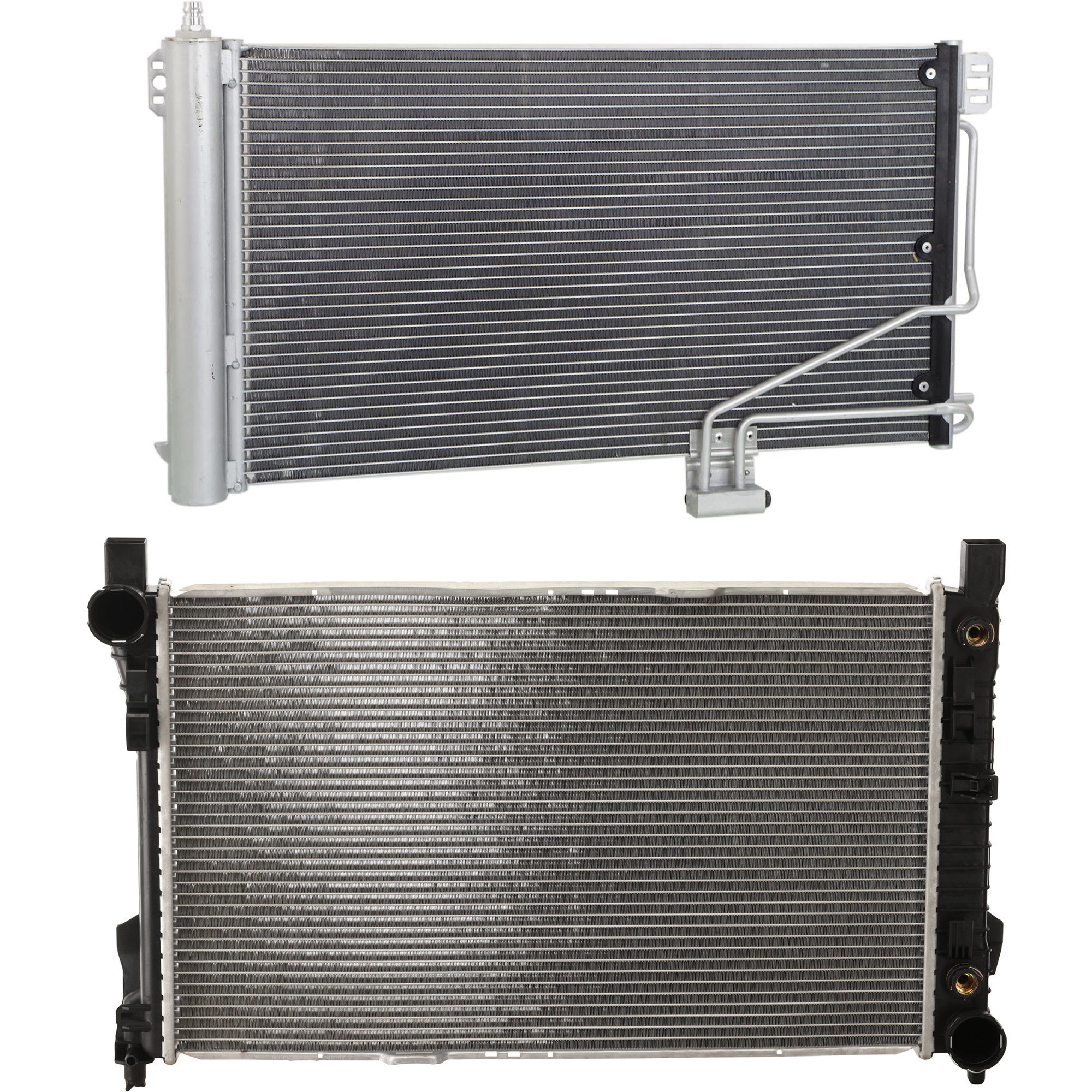 AM C CLASS 01-05 RADIATOR 2 pc kit 4-6 Cyl. 1.8L 2.5L 2.6L 3.0L 3.2L 3.5L Engine with A C Condenser SKU KIT 071824 C856 Partslink MB3010103 MB3030138 OEM 2035000503-2035001254