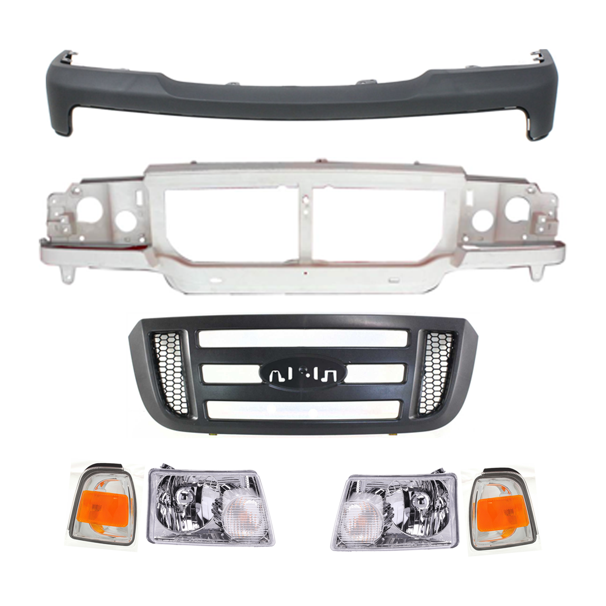 AM RANGER 06-11 HEADER PANEL 7 pc Kit with Bumper Cover Corner Light Grille Assembly and Headlight SKU KIT 071824 C87 Partslink FO1220228 FO1000603 FO2530171 FO2531171 FO2503173 FO2502173 OEM 6L5Z8A284AA 6L5Z17D957AAA 6L5Z