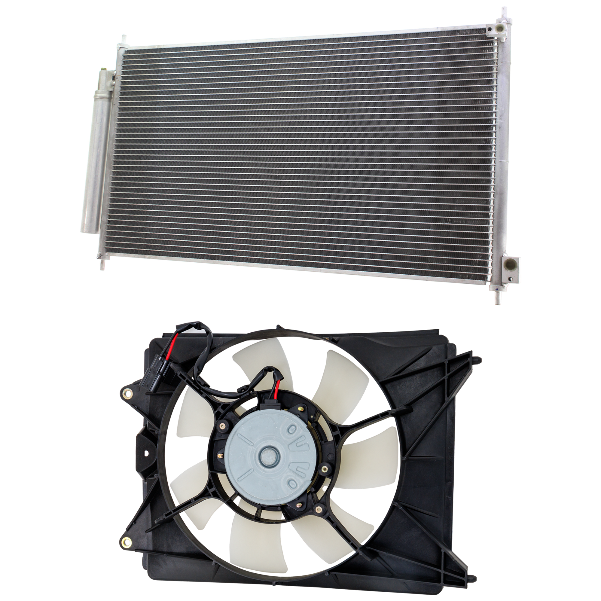AM CIVIC 12-15 A C CONDENSER FAN ASSEMBLY 2 pc kit Single Fan with A C Condenser SKU KIT 071824 C932 Partslink HO3115159 HO3030156 OEM 19030RSJE01 PFM 80110TR0A02