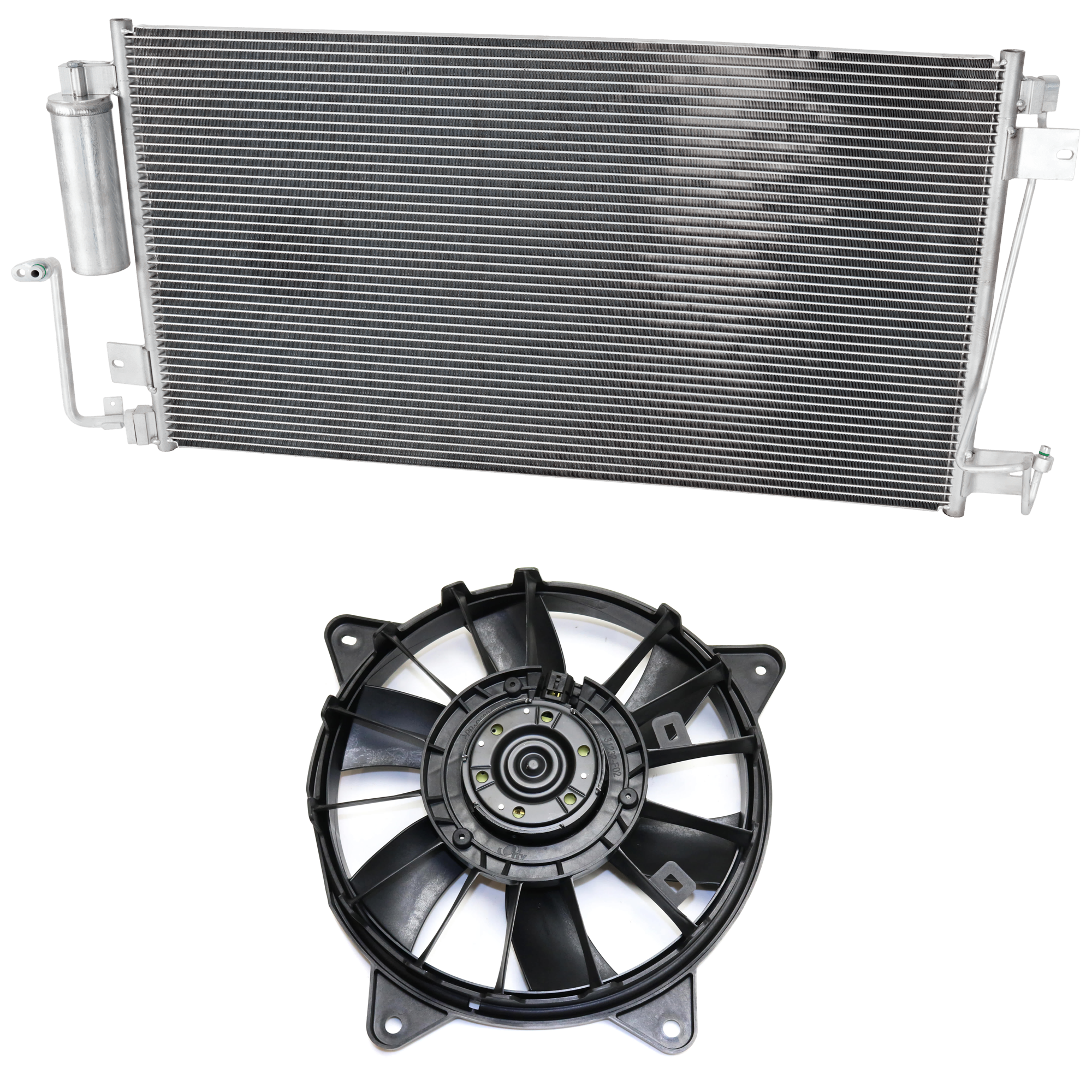 AM NV1500 NV2500-12-21 A C CONDENSER 2 pc kit with Cooling Fan Assembly SKU KIT 071824 C939 Partslink NI3030170 NI3120103 OEM 921001PA0A 214871PD0A