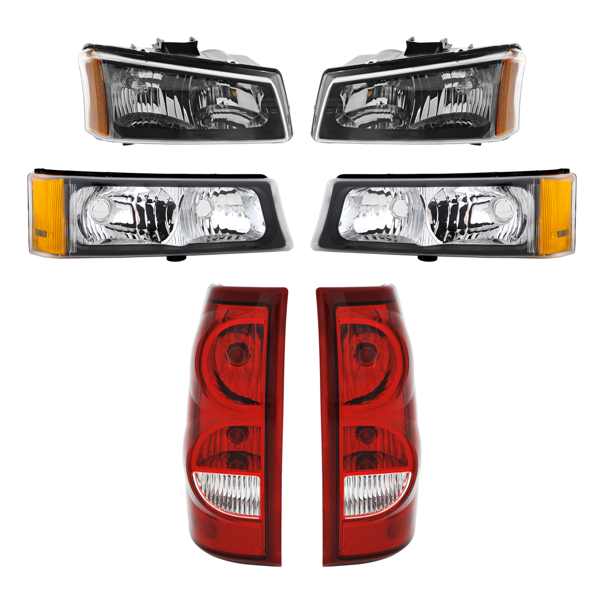 AM SILVERADO 1500-2500-03-03 TAIL LAMP RH AND LH Assembly Halogen 6 pc Kit with Headlight and Turn Signal Light SKU KIT 071824 C960 Partslink GM2800161 GM2801161 GM2502224 GM2503224 GM2521185 GM2520185 OEM 19169002-19169003-10396913 PFM