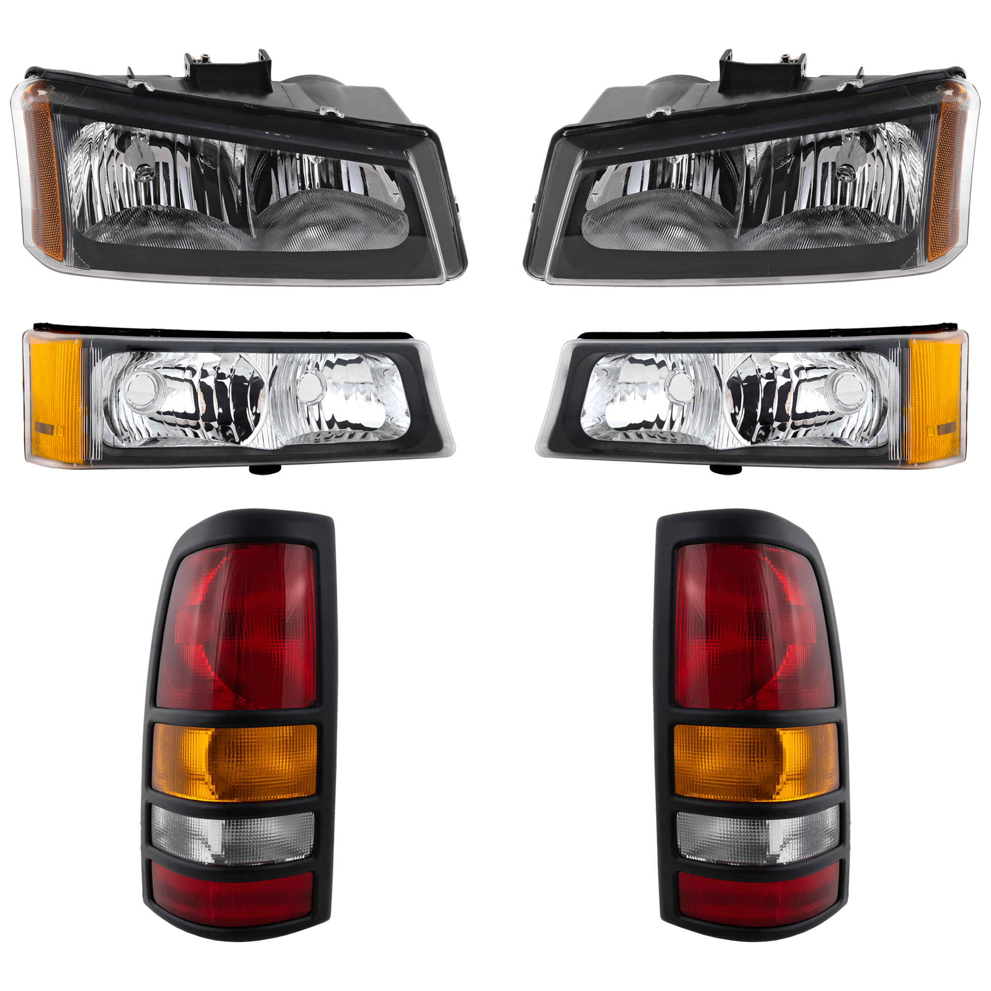 AM SILVERADO 3500-03-03 TAIL LAMP RH AND LH Assembly Halogen 6 pc Kit with Headlight and Turn Signal Light SKU KIT 071824 C961 Partslink GM2800166 GM2801166 GM2503257 GM2502257 GM2521185 GM2520185 OEM 19169019-19169020-10396912-103