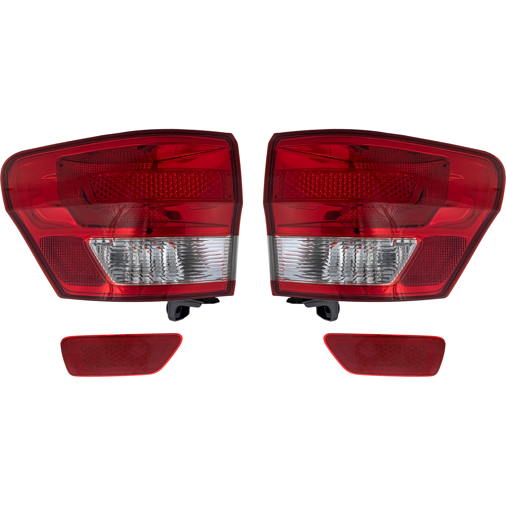 AM GRAND CHEROKEE 11-13 TAIL LAMP RH AND LH Outer Assembly Halogen 4 pc Kit with Bumper Reflector SKU KIT 071917-24 Partslink CH2804100 CH2805100 CH1185100 CH1184100 OEM 55079421AG 55079420AG 57010720