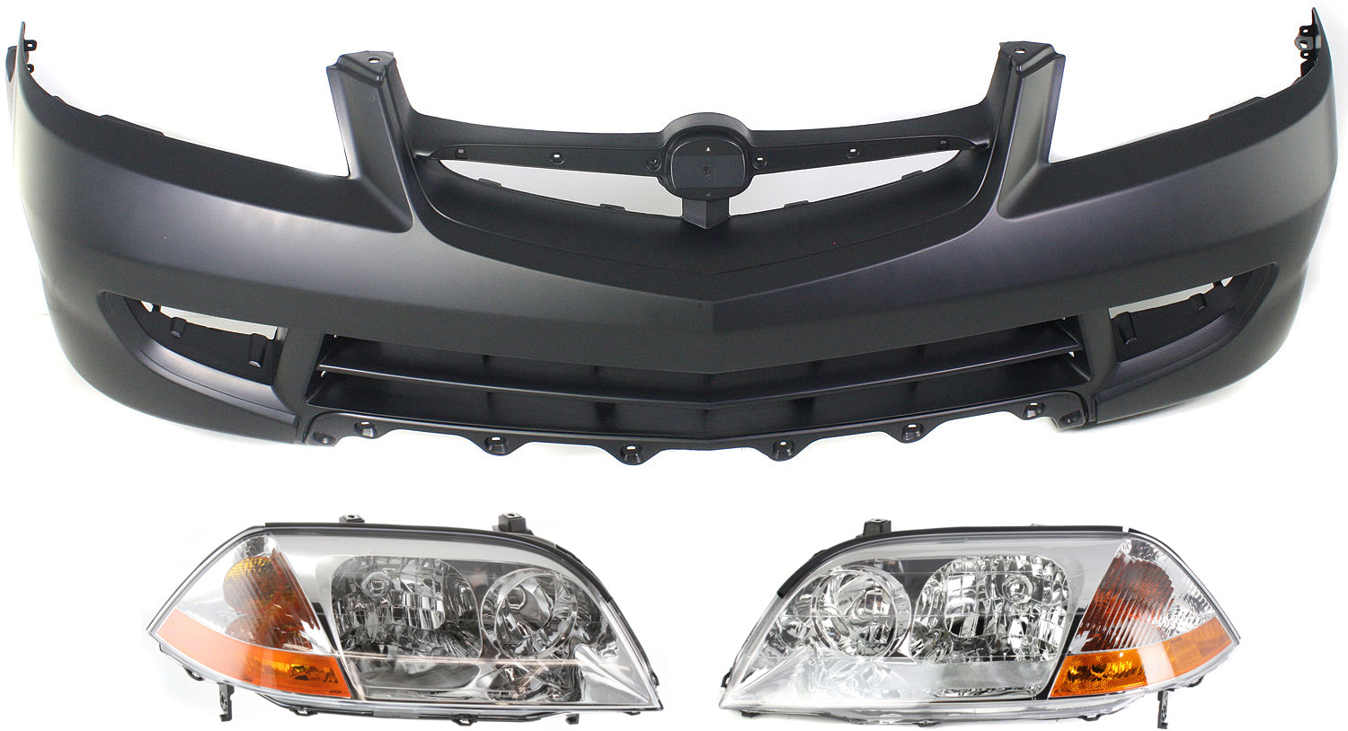 AM MDX 01-03 FRONT BUMPER COVER 3 pc Kit with Headlights SKU KIT 071918-04 Partslink AC1000140 AC2518103 AC2519103 OEM 04711S3VA90ZZ 33151S3VA01-3310