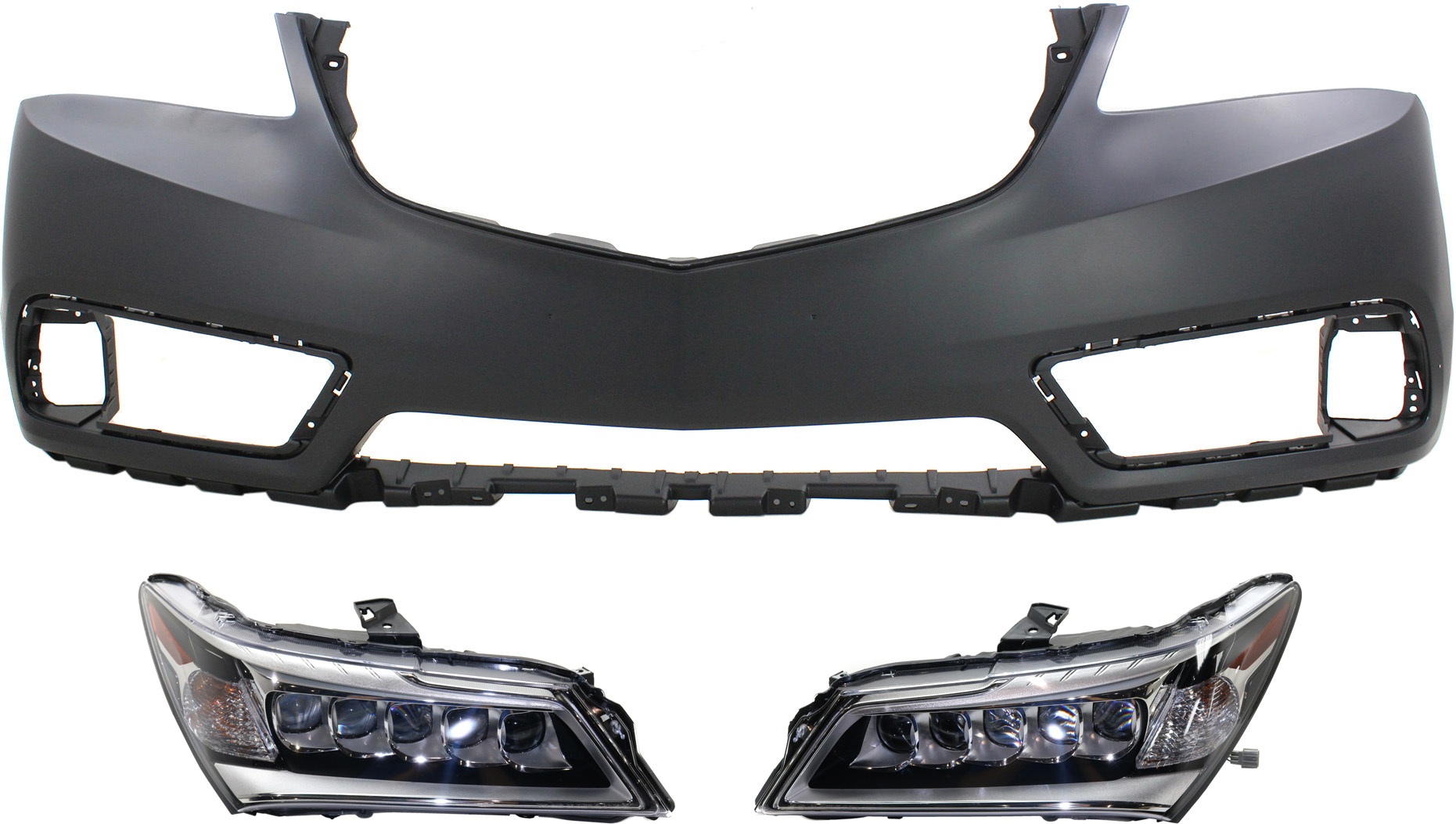 AM MDX 14-16 HEAD LAMP RH AND LH with Bulbs 3 pc Kit with Bumper Cover SKU KIT 071918-10 Partslink AC2503125 AC2502125 AC1000183 OEM 33100TZ5A01-33150TZ5A01-04711T