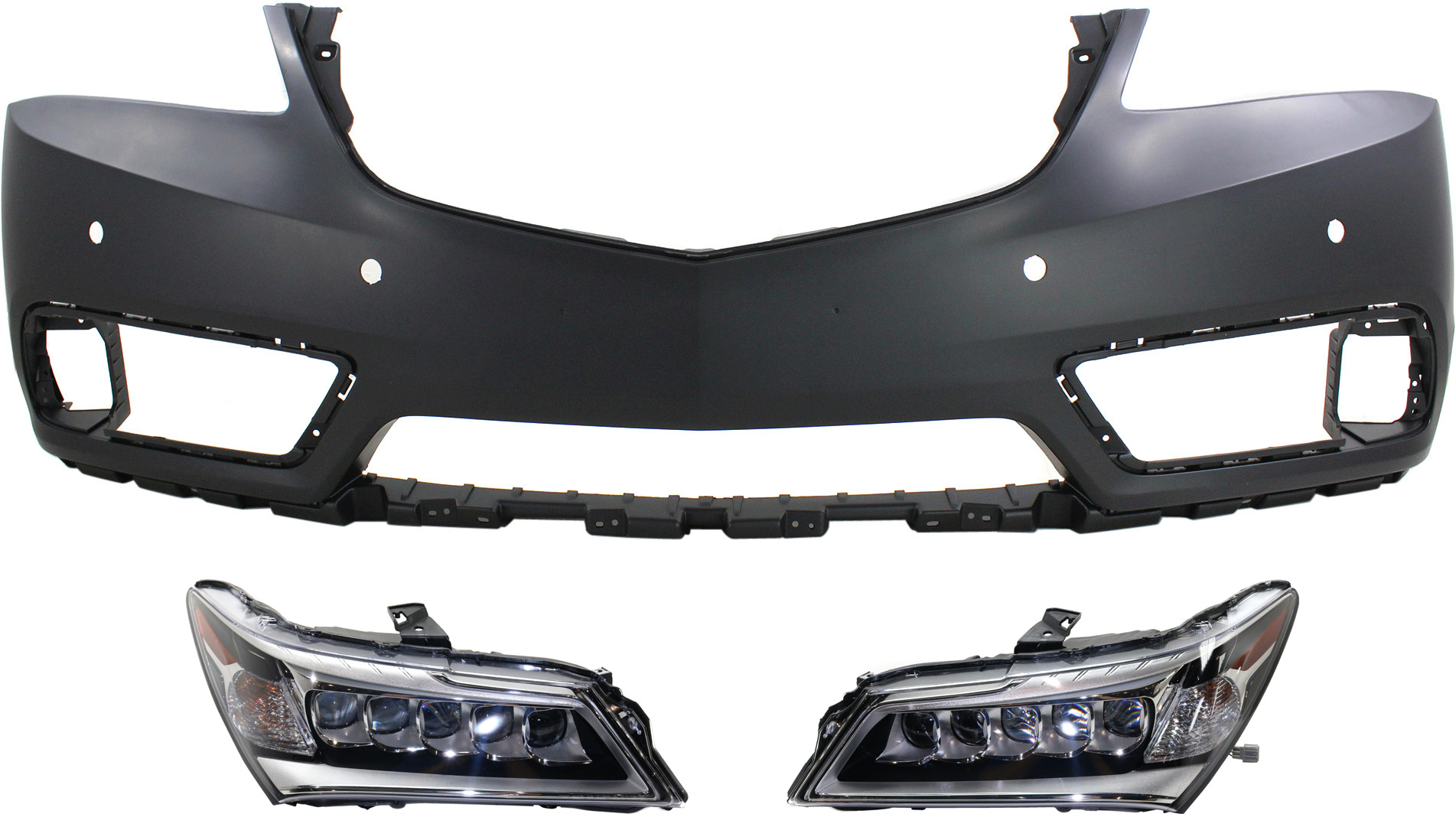 AM MDX 14-16 HEAD LAMP RH AND LH 3 pc Kit Assembly LED with Bumper Cover SKU KIT 071918-11 Partslink AC2503125 AC2502125 AC1000184 OEM 33100TZ5A01-33150TZ5A01-04711T