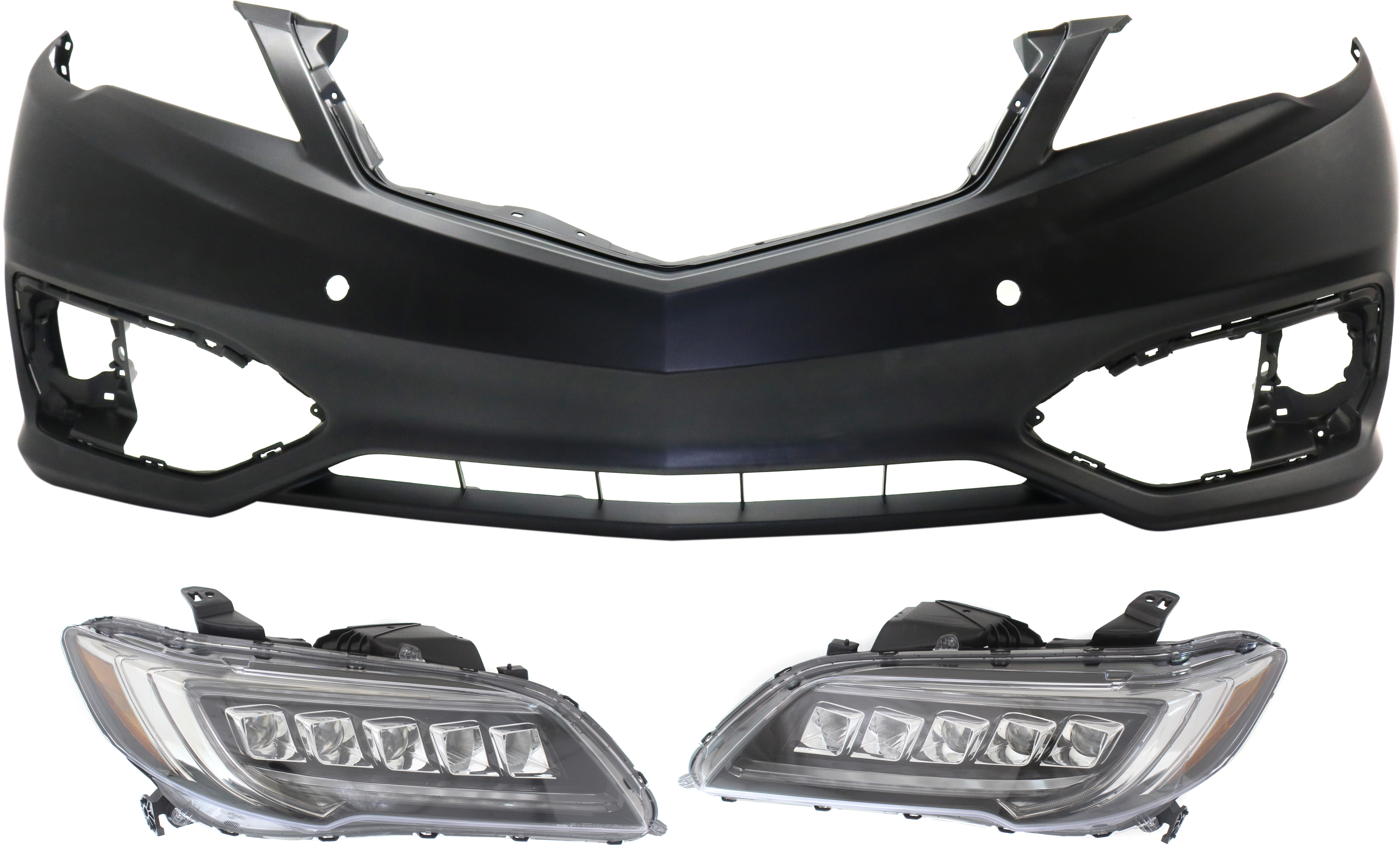 AM RDX 16-18 HEAD LAMP RH AND LH with Bulbs 3 pc kit with Bumper Cover SKU KIT 071918-15 Partslink AC2502128 AC2503128 AC1000191 OEM 33100TX4A51-33150TX4A51-04711T
