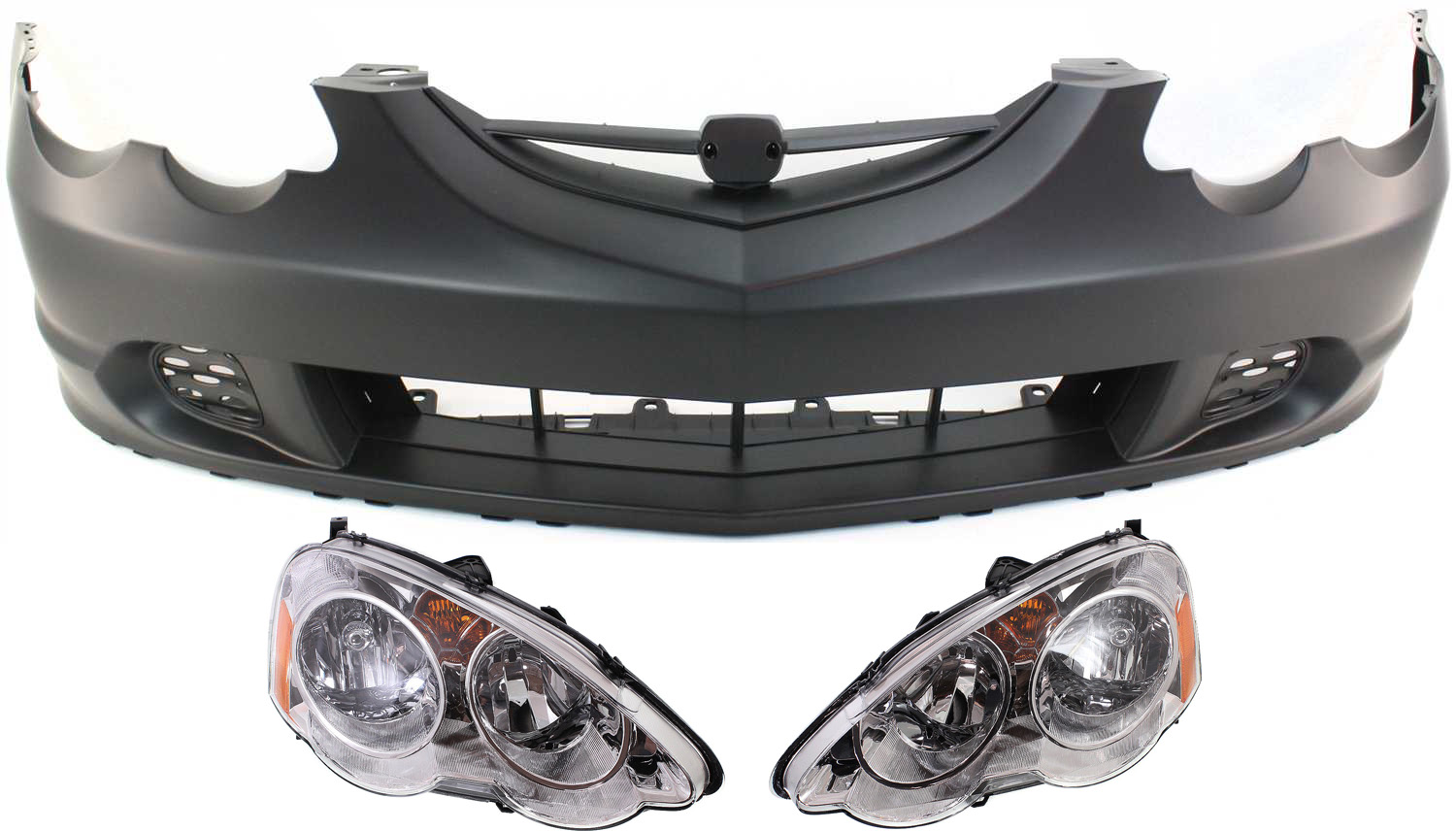 AM RSX 02-04 FRONT BUMPER COVER 3 pc Kit with Headlights SKU KIT 071918-17 Partslink AC1000143 AC2518101 AC2519101 OEM 04711S6MA90ZZ 33151S6MA01-3310