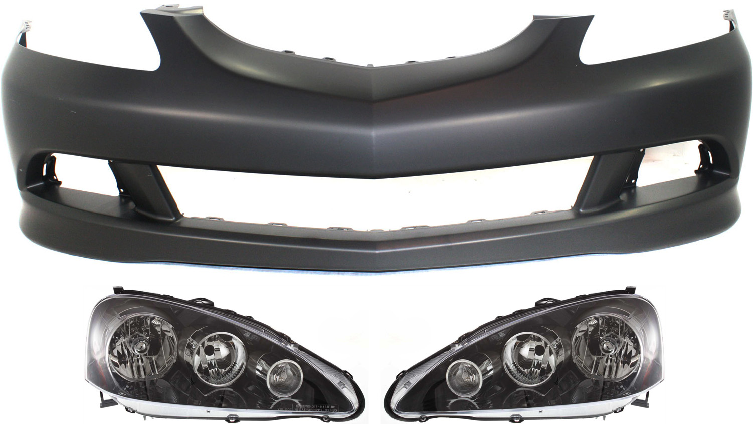 AM RSX 05-06 FRONT BUMPER COVER 3 pc Kit with Headlights SKU KIT 071918-18 Partslink AC1000154 AC2518108 AC2519108 OEM 04711S6MA91ZZ 33151S6MA51-3310
