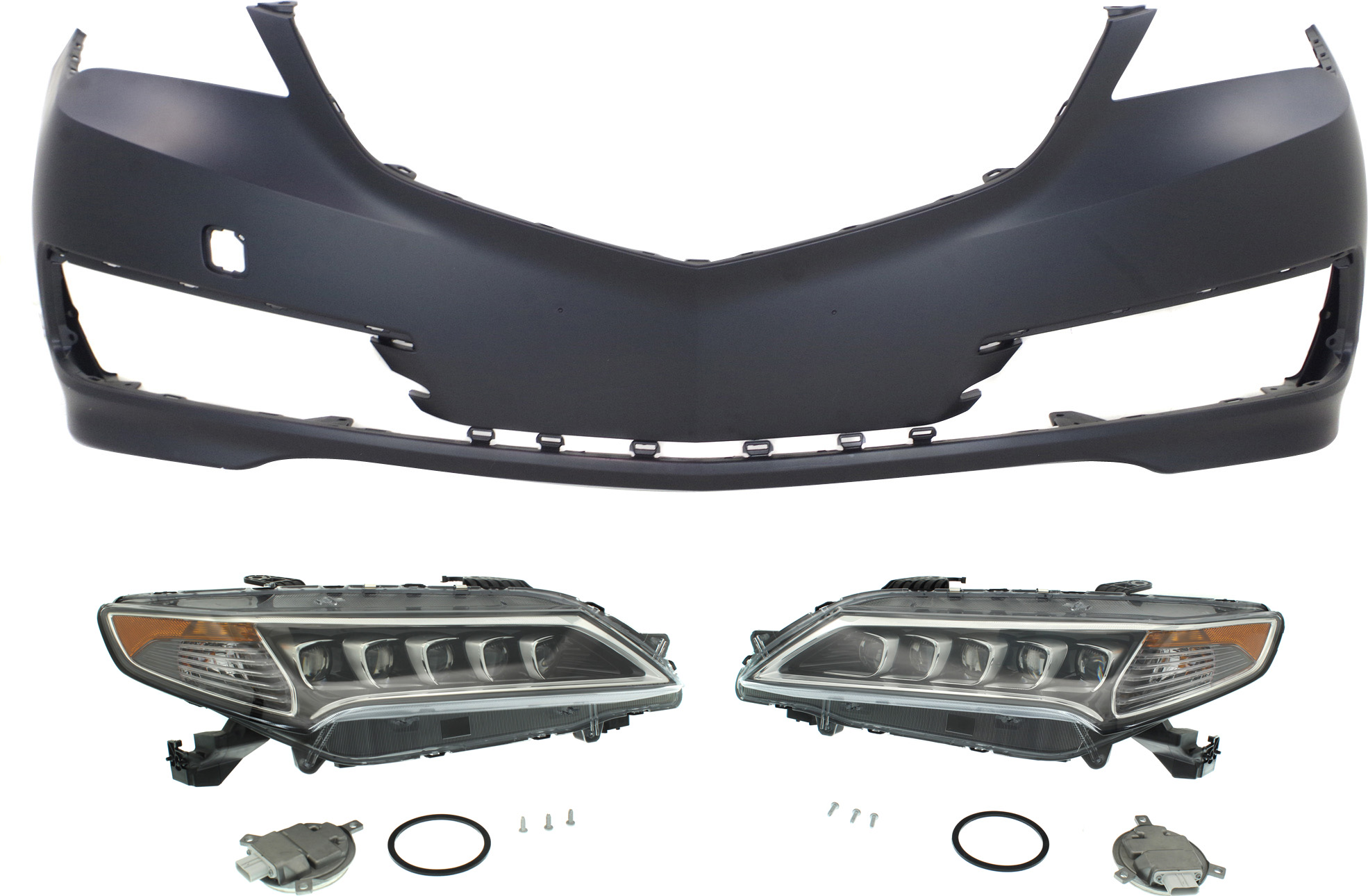 AM TLX 15-17 HEAD LAMP RH AND LH with Bulbs 3 pc Kit with Bumper Cover SKU KIT 071918-20 Partslink AC2502127 AC2503127 AC1000185 OEM 33150TZ3A01-33100TZ3A01-04711T