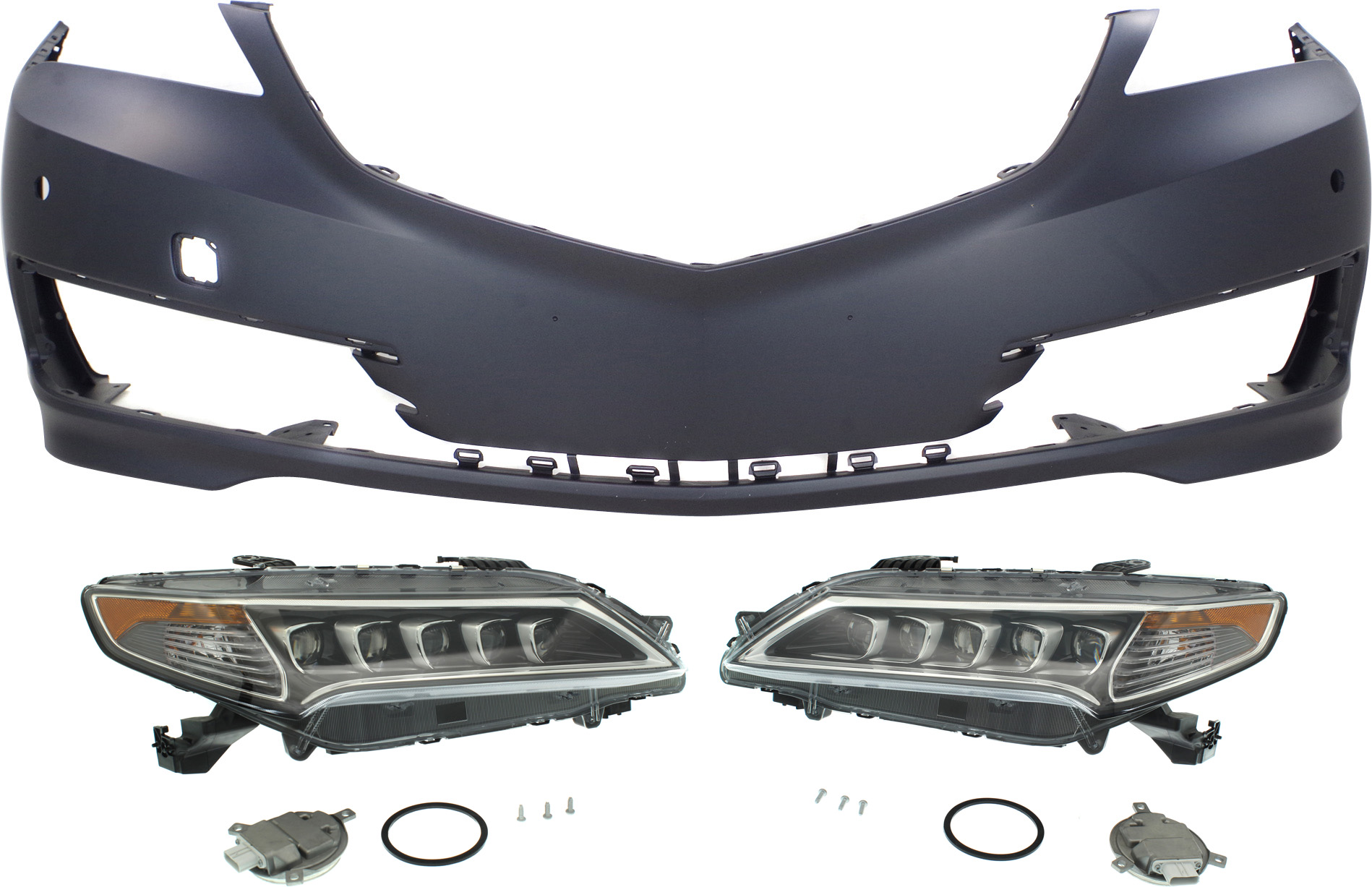 AM TLX 15-17 HEAD LAMP RH AND LH with Bulbs 3 pc Kit with Bumper Cover SKU KIT 071918-21 Partslink AC2502127 AC2503127 AC1000186 OEM 33150TZ3A01-33100TZ3A01-04711T