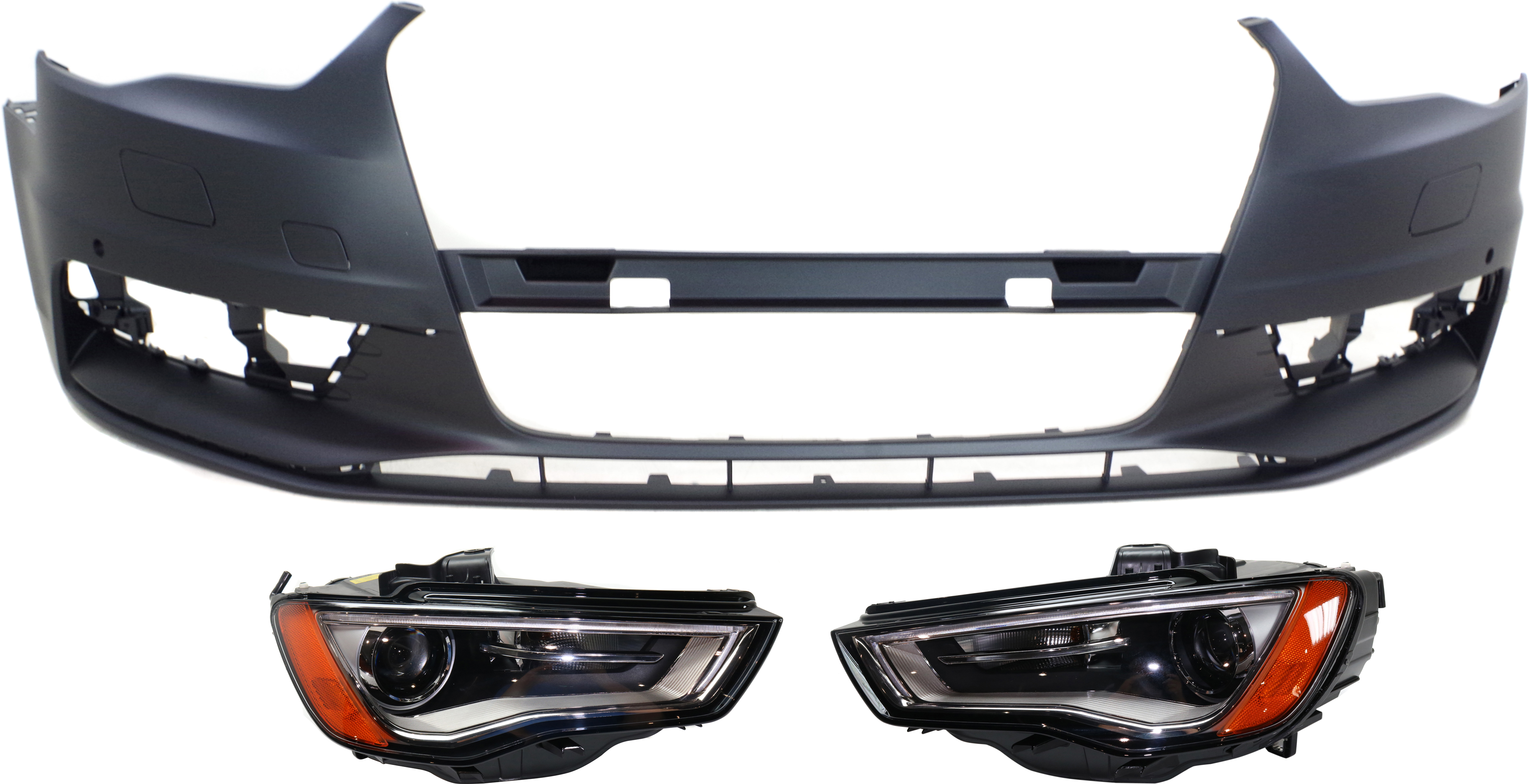 AM A3 A3 QUATTRO 15-16 HEAD LAMP RH AND LH Lens and Housing HID Xenon 3 pc Kit with Bumper Cover SKU KIT 071918-34 Partslink AU2502191 AU2503191 AU1000219 OEM 8V0941043B 8V0941044B 8V580706