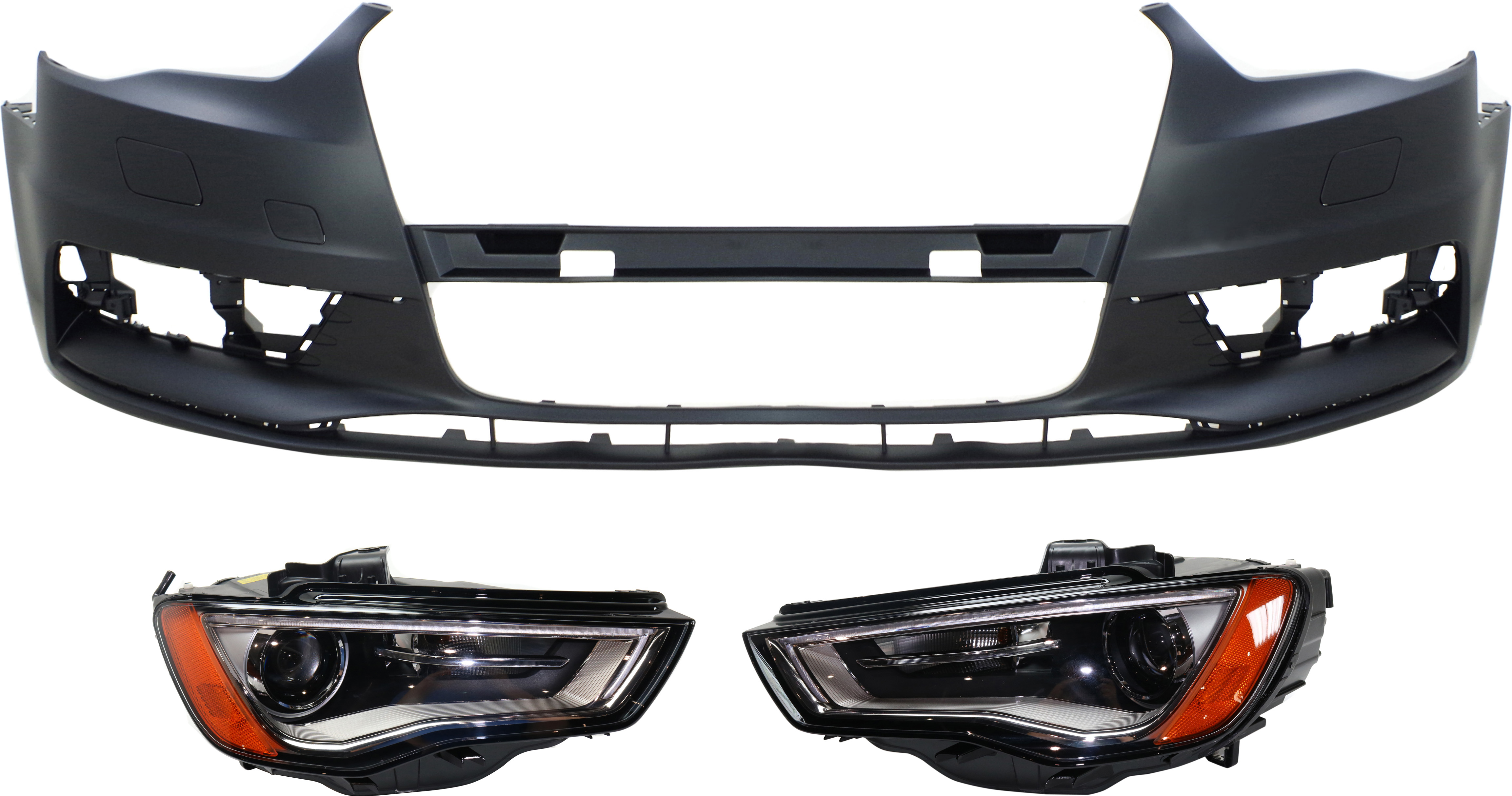 AM A3 A3 QUATTRO 15-16 HEAD LAMP RH AND LH Lens and Housing HID Xenon 3 pc Kit with Bumper Cover SKU KIT 071918-35 Partslink AU2502191 AU2503191 AU1000218 OEM 8V0941043B 8V0941044B 8V580706