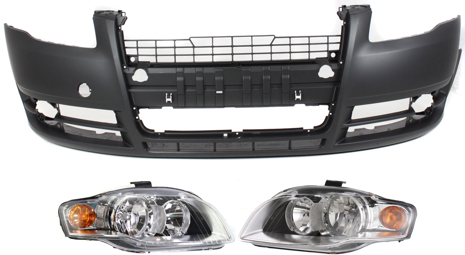 AM A4 A4 QUATTRO 05-09 HEAD LAMP RH AND LH Assembly Halogen 3 pc Kit with Bumper Cover SKU KIT 071918-37 Partslink AU2503128 AU2502128 AU1000142 OEM 8E0941004AL 8E0941003AL 8E0807