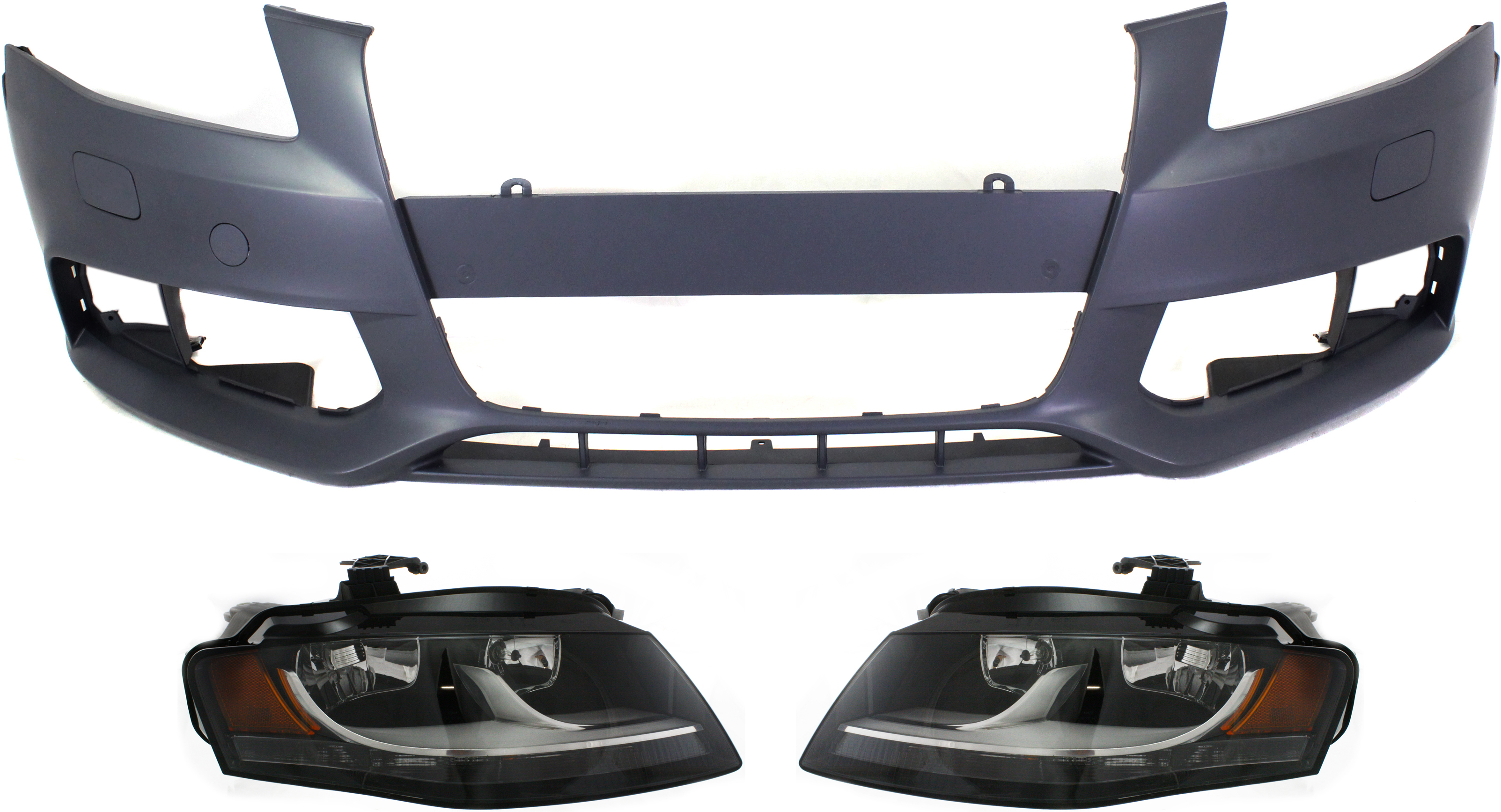 AM A4 A4 QUATTRO 09-12 HEAD LAMP RH AND LH Assembly Halogen 3 pc Kit with Bumper Cover SKU KIT 071918-38 Partslink AU2503149 AU2502149 AU1000160 OEM 8K0941030AH 8K0941029AH 8K0807
