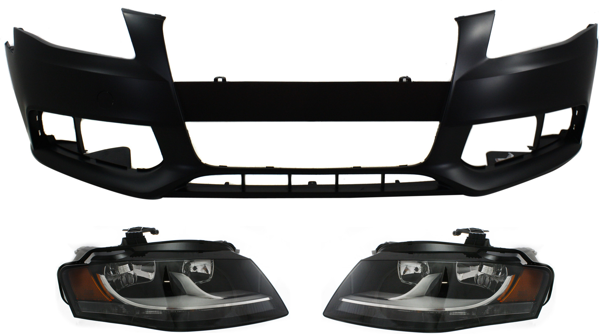 AM A4 A4 QUATTRO 09-12 HEAD LAMP RH AND LH Assembly Halogen 3 pc Kit with Bumper Cover SKU KIT 071918-39 Partslink AU2502149 AU2503149 AU1000162 OEM 8K0941029AH 8K0941030AH 8K0807