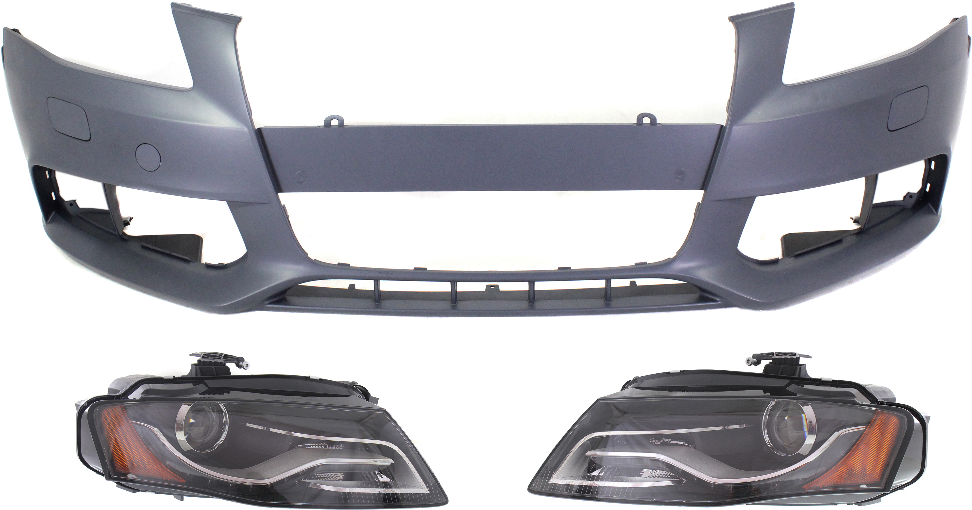 AM A4 A4 QUATTRO 09-10 HEAD LAMP RH AND LH Lens and Housing HID Xenon 3 pc Kit with Bumper Cover SKU KIT 071918-40 Partslink AU2503150 AU2502150 AU1000160 OEM 8K0941030AL 8K0941029AL 8K0807