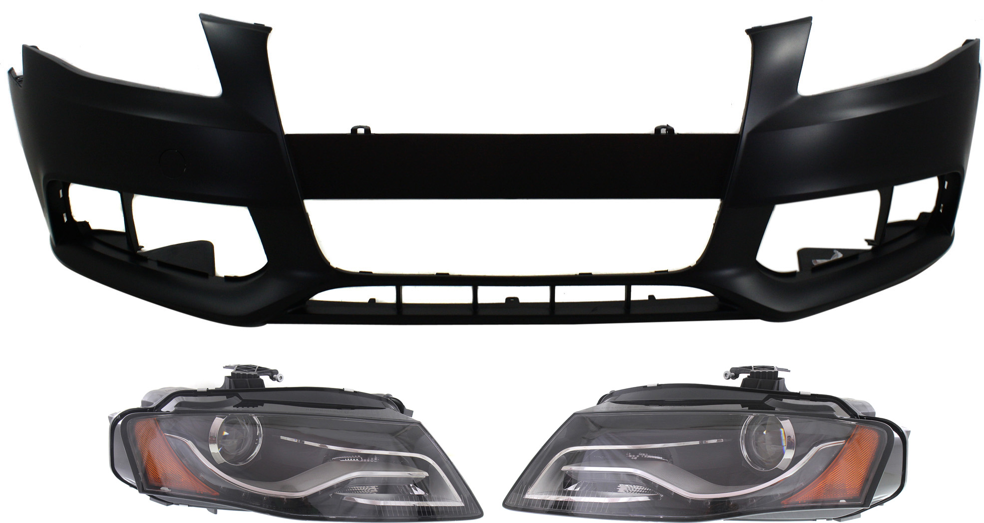 AM A4 A4 QUATTRO 09-10 HEAD LAMP RH AND LH Lens and Housing HID Xenon 3 pc Kit with Bumper Cover SKU KIT 071918-41 Partslink AU2502150 AU2503150 AU1000162 OEM 8K0941029AL 8K0941030AL 8K0807