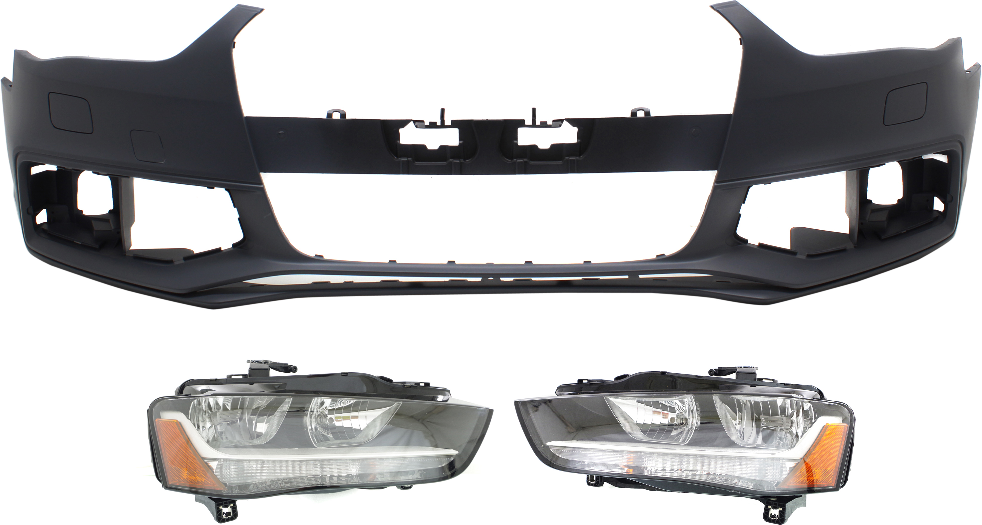 AM A4 A4 QUATTRO 13-16 FRONT BUMPER COVER 3 pc Kit with Headlights SKU KIT 071918-43 Partslink AU1000180 AU2502175 AU2503175 OEM 8K0807065EGRU 8K0941003AD 8K09