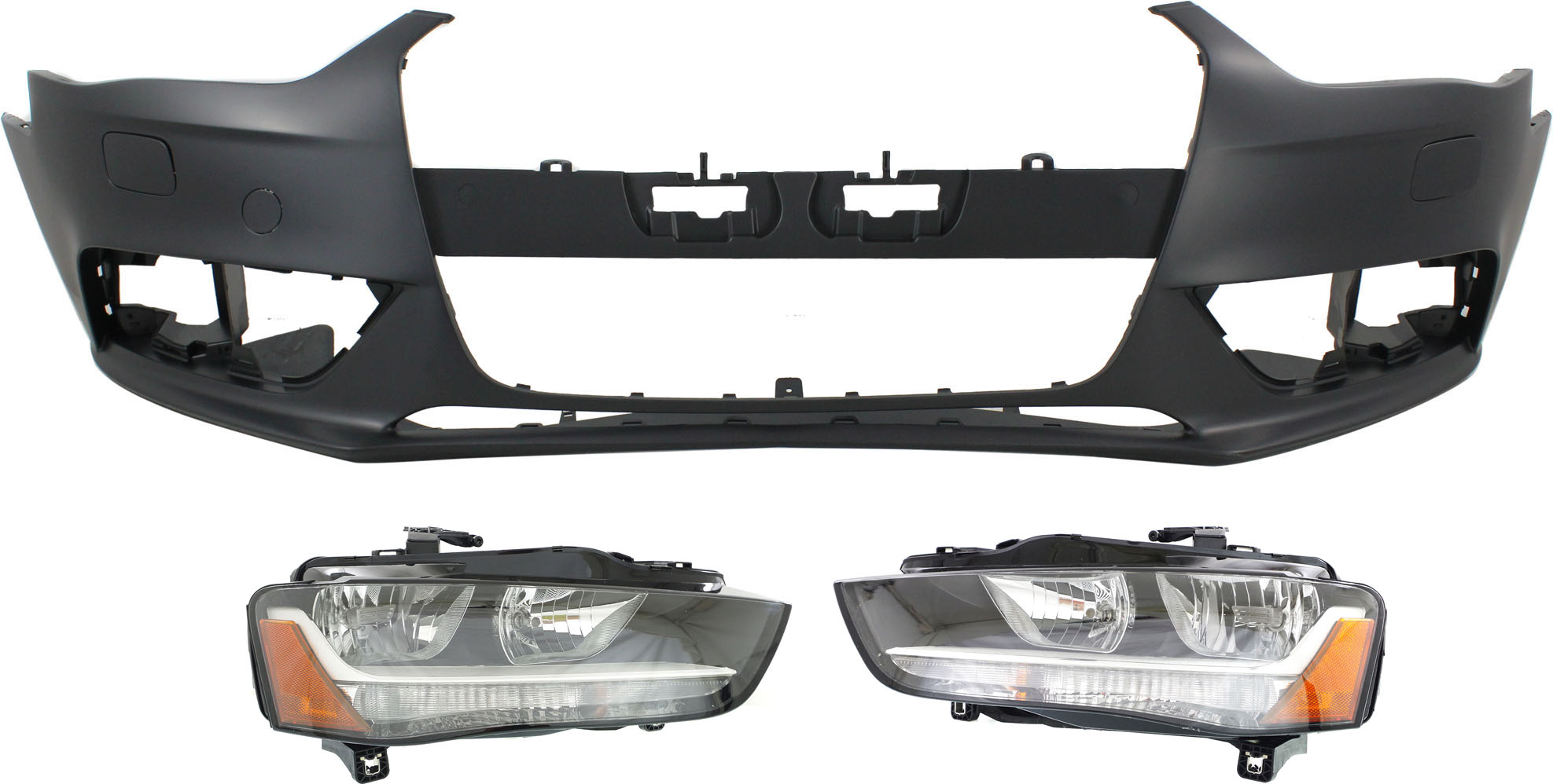 AM A4 A4 QUATTRO 13-16 FRONT BUMPER COVER Primed 3 pc Kit with Headlights Sedan SKU KIT 071918-44 Partslink AU1000189 AU2502175 AU2503175 OEM 8K0807065CGRU 8K0941003AD 8K09