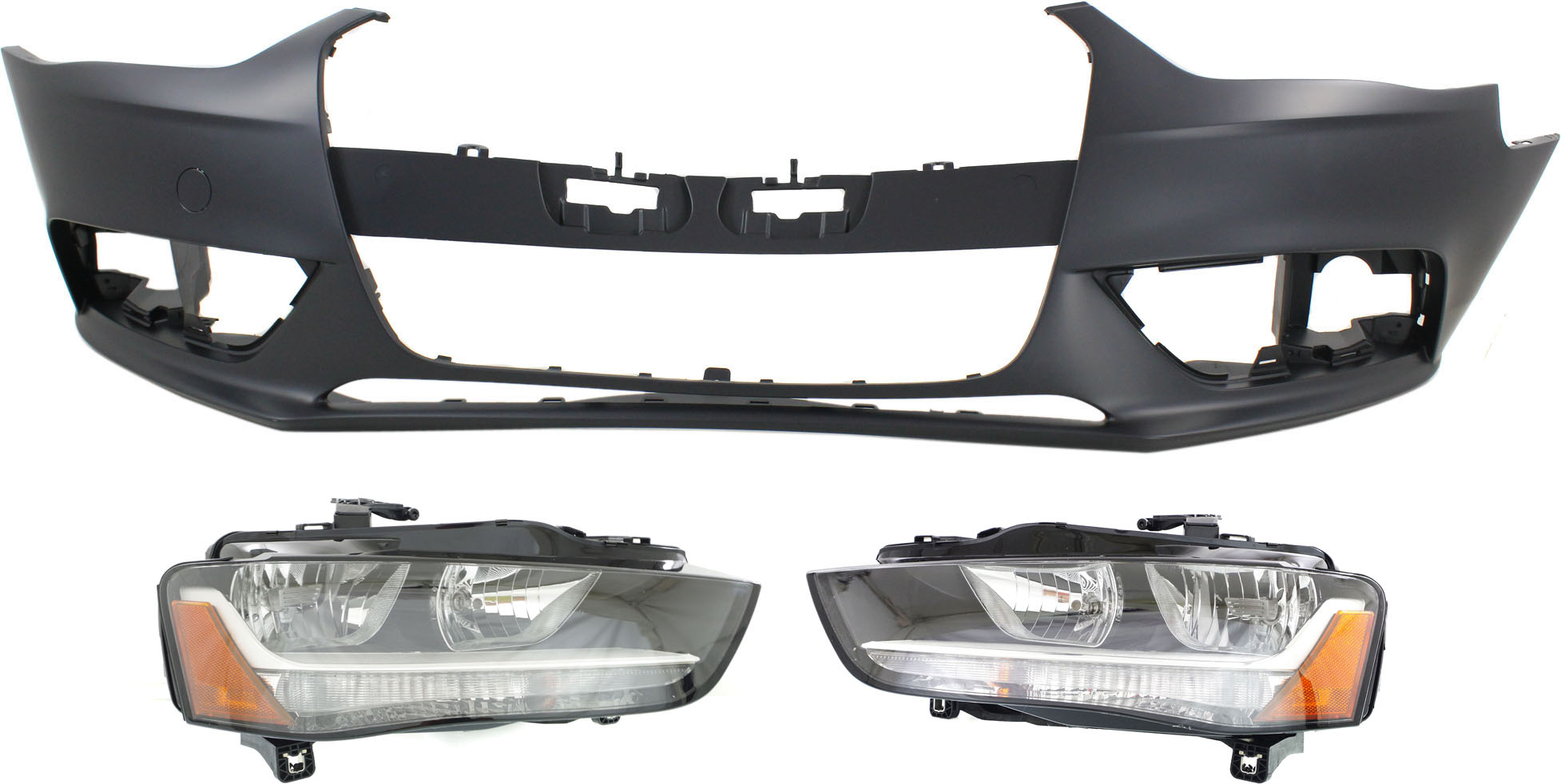 AM A4-13-16 A4 QUATTRO 13-14 HEAD LAMP RH AND LH Assembly Halogen 3 pc Kit with Bumper Cover SKU KIT 071918-45 Partslink AU2503175 AU2502175 AU1000190 OEM 8K0941004AD 8K0941003AD 8K0807