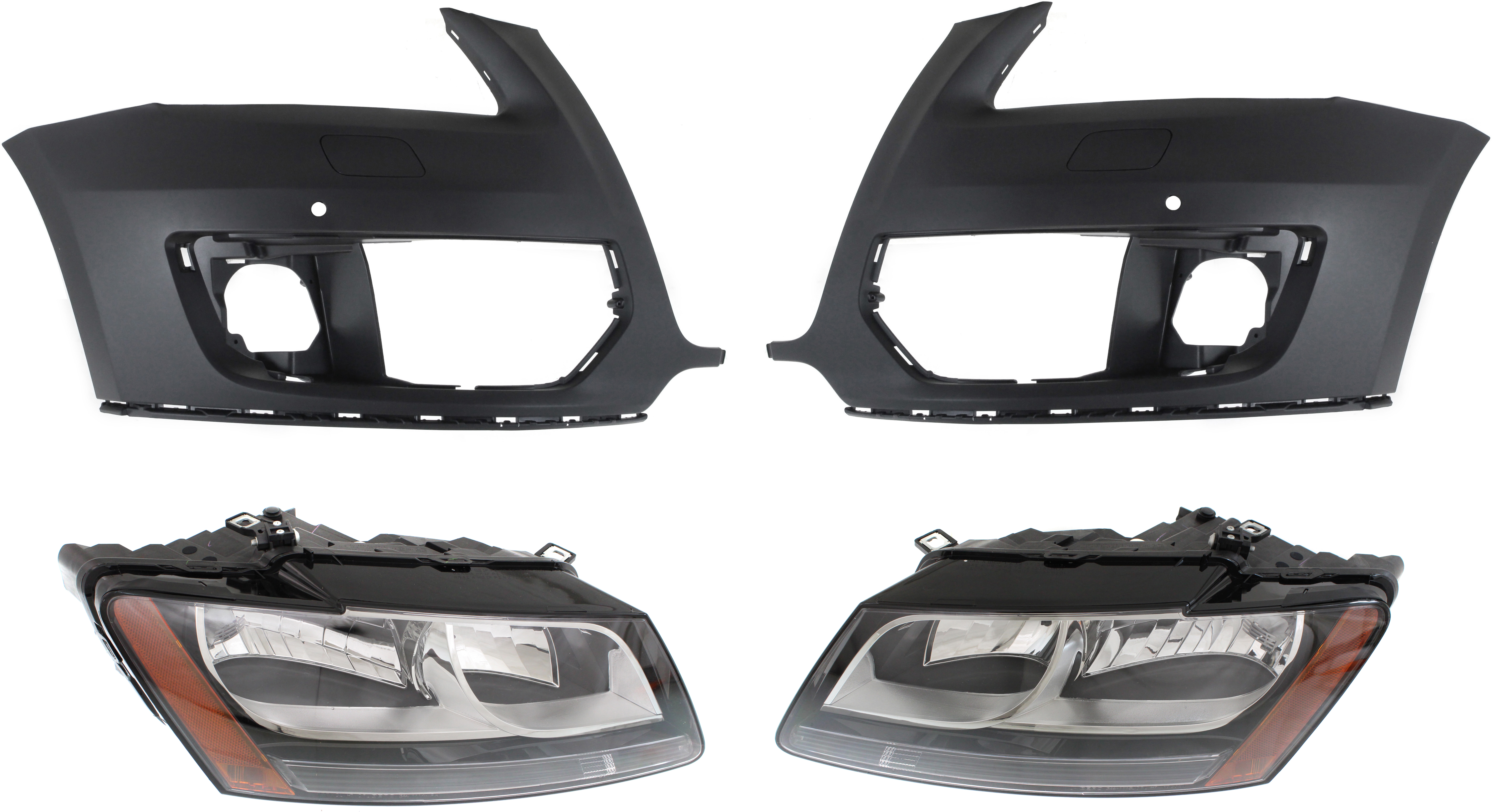 AM Q5-09-12 HEAD LAMP RH AND LH Assembly Halogen 4 pc Kit with Bumper Covers SKU KIT 071918-52 Partslink AU2502165 AU2503165 AU1017101 AU1016101 OEM 8R0941029N 8R0941030N 8R080710