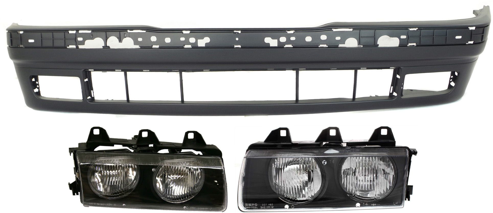 AM 3 SERIES 94-99 HEAD LAMP RH AND LH Assembly Halogen 3 pc Kit with Bumper Cover SKU KIT 071918-56 Partslink BM2502101 BM2503101 BM1000111 OEM 63121387861-63121387862-511181
